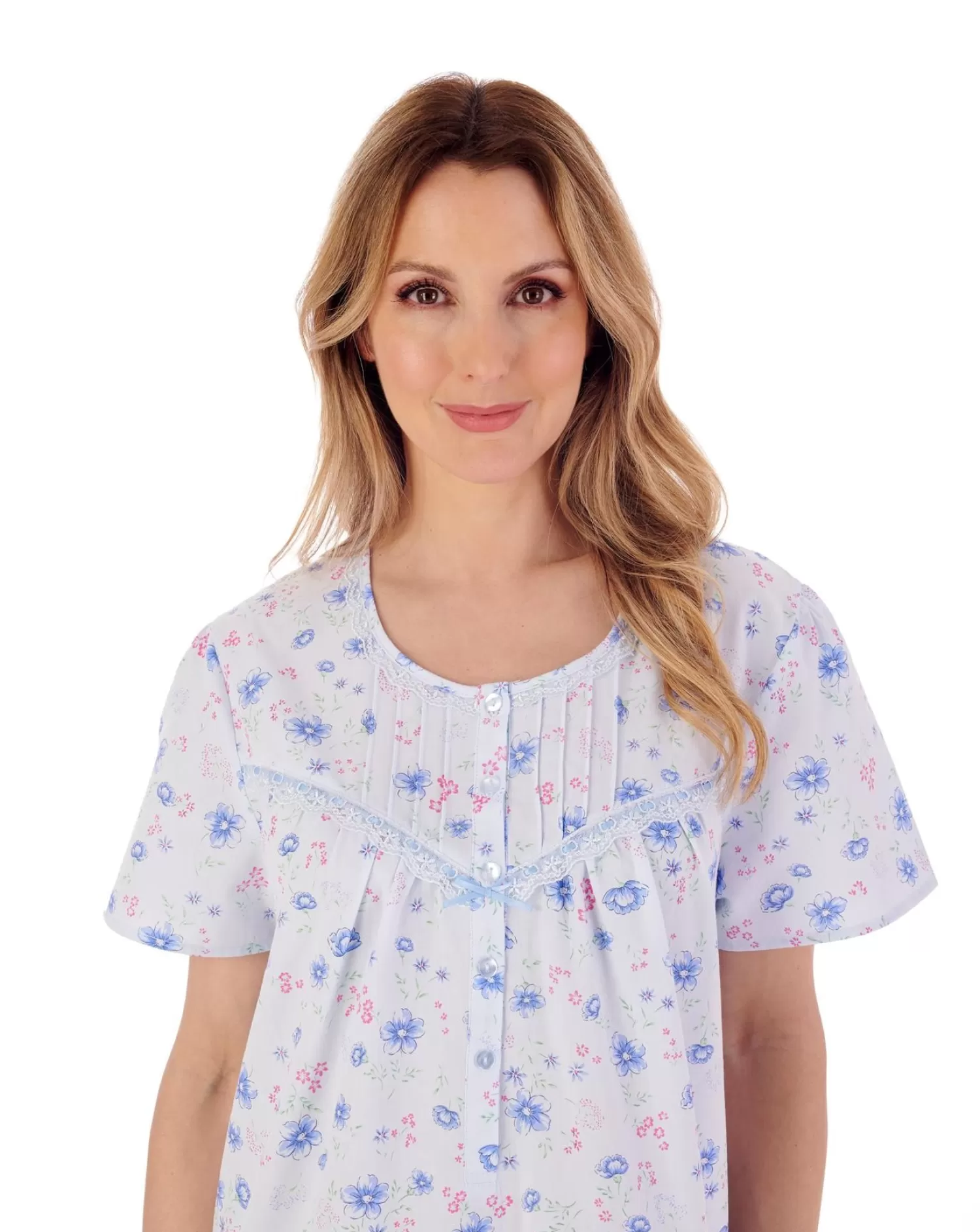 Slenderella Nighties | 100% Woven Cotton Short Sleeve Nightie - Blue