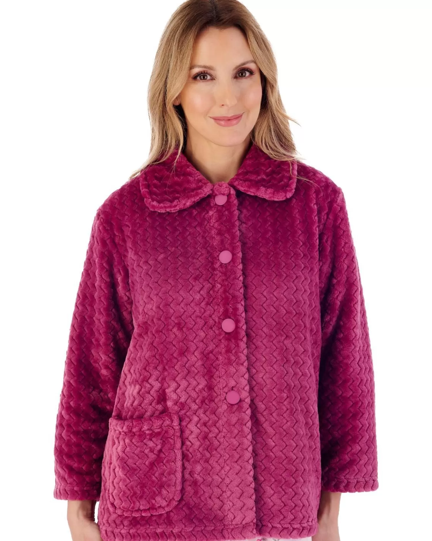 Slenderella Dressing Gowns | 25" Chevron Embossed Fleece Bed Jacket - Raspberry