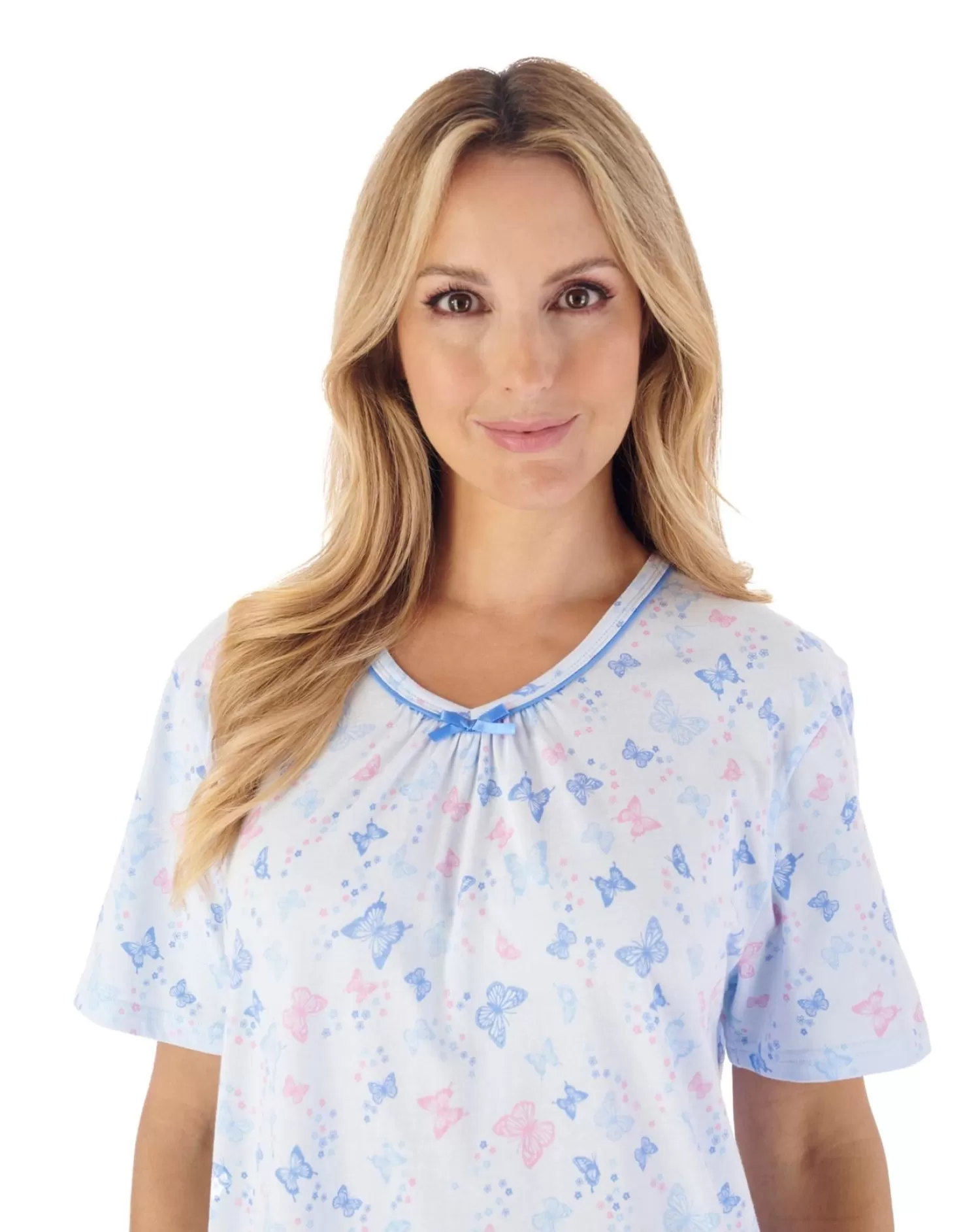 Slenderella Nighties | 38" Butterfly Print Short Sleeve Nightie - Blue