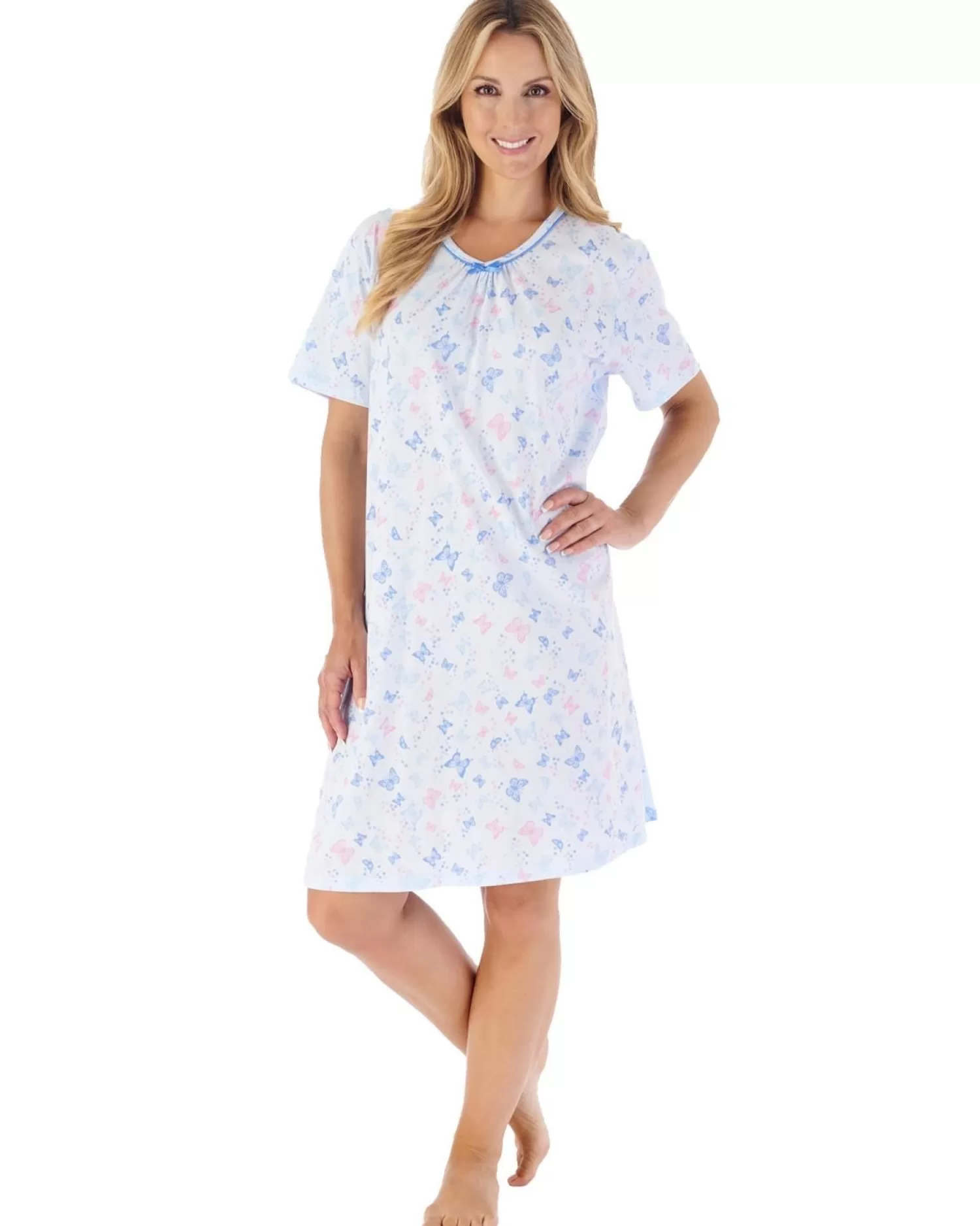 Slenderella Nighties | 38" Butterfly Print Short Sleeve Nightie - Blue