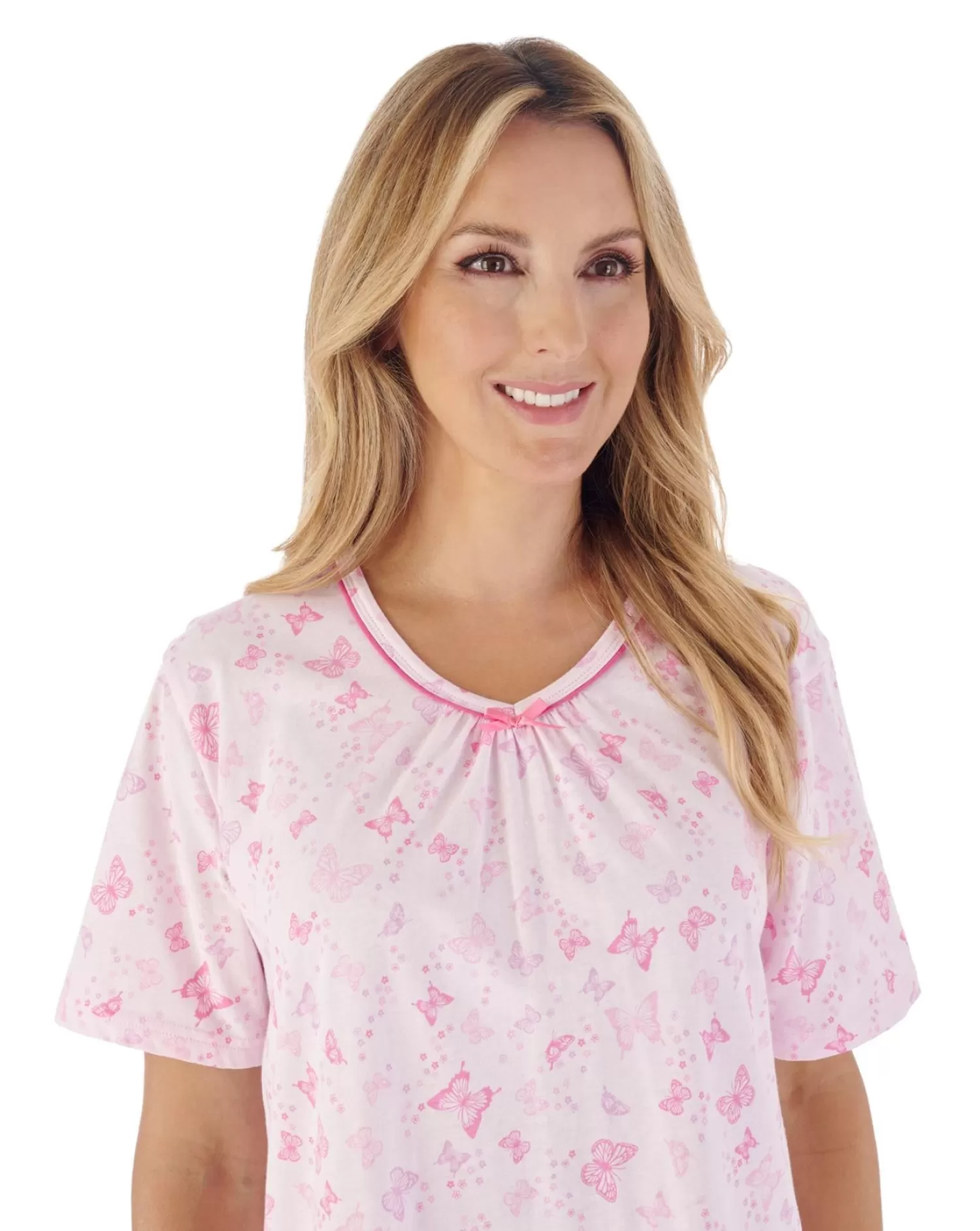 Slenderella Nighties | 38" Butterfly Print Short Sleeve Nightie - Pink