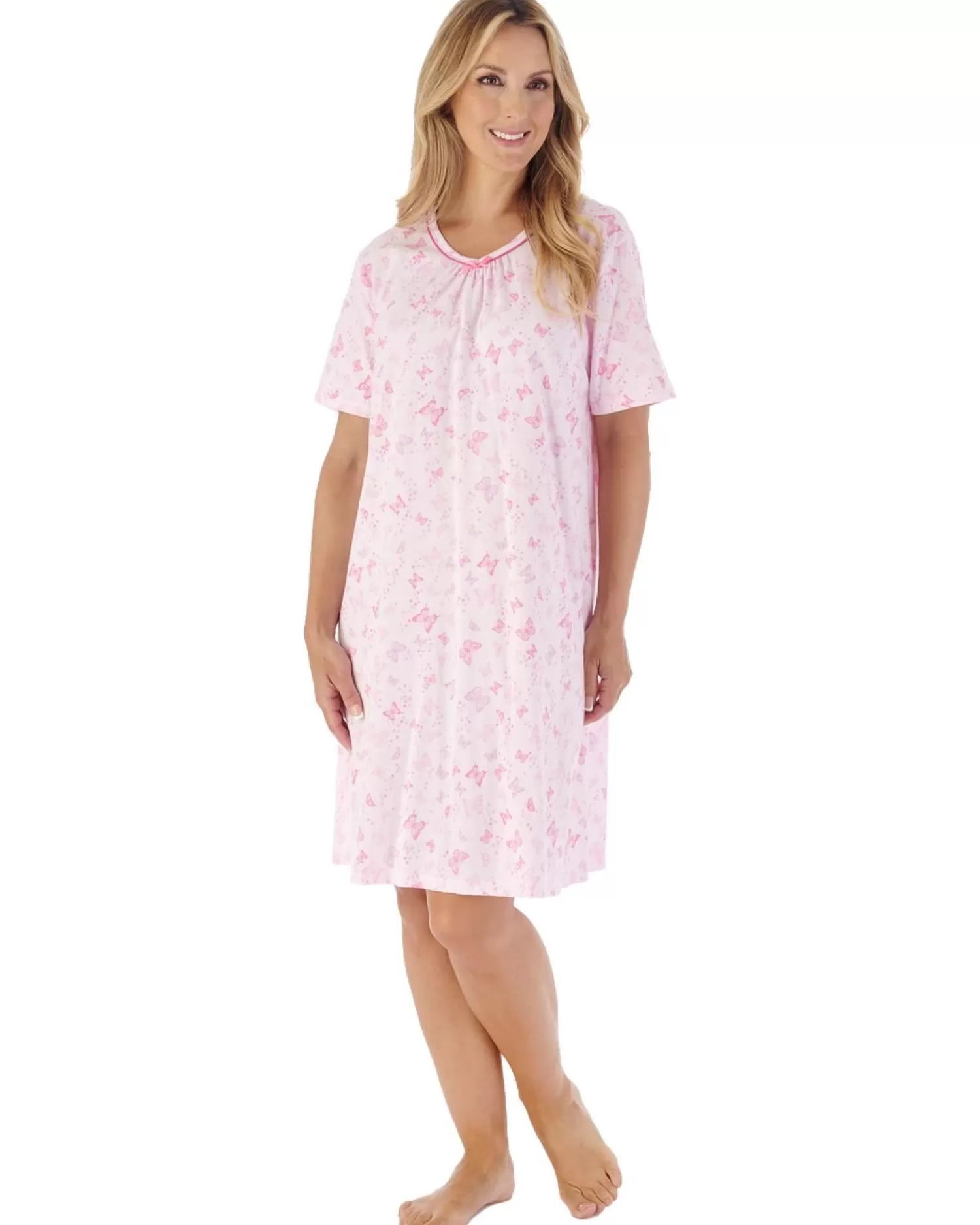 Slenderella Nighties | 38" Butterfly Print Short Sleeve Nightie - Pink