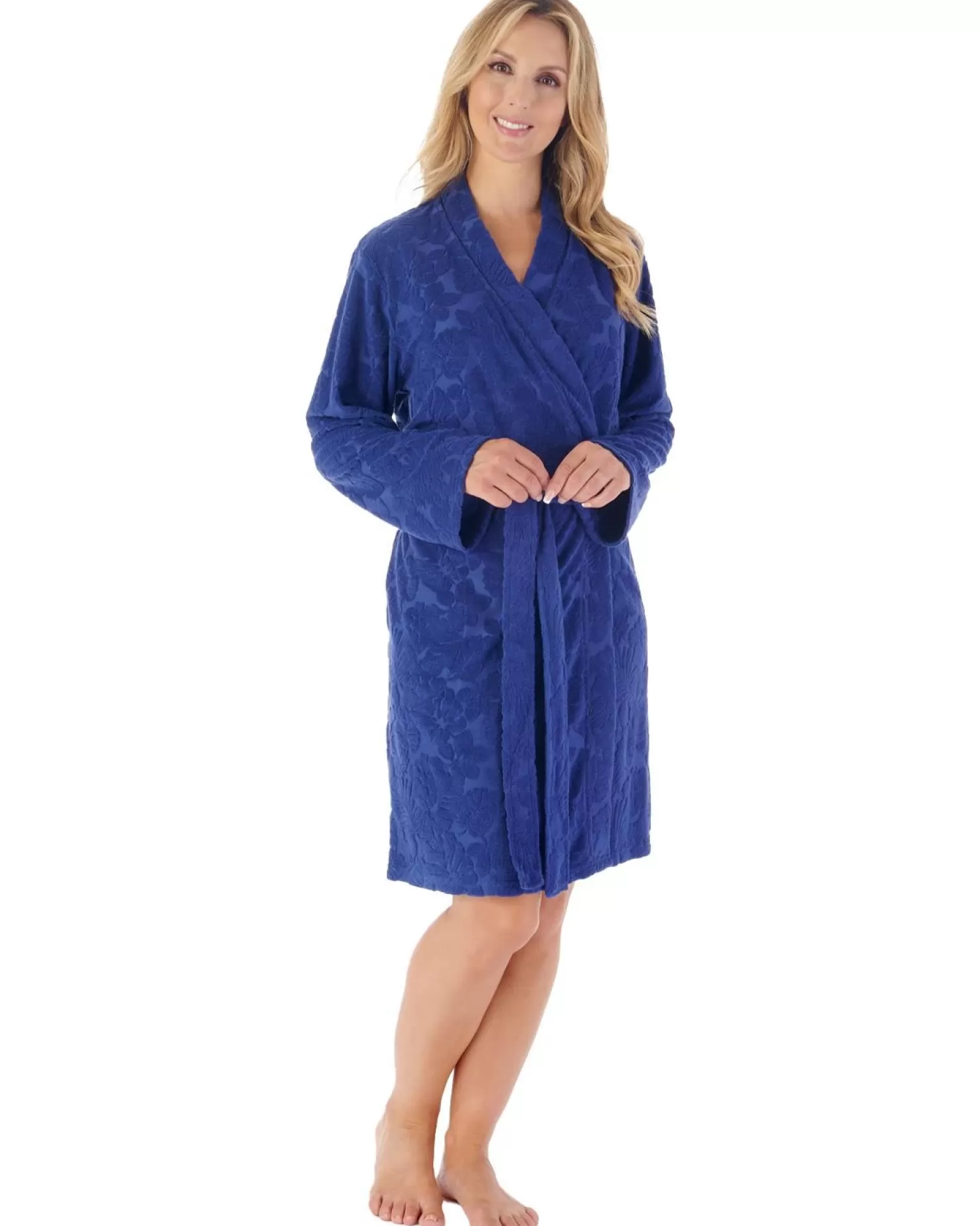 Slenderella Dressing Gowns | 38" Floral Embossed Dressing Gown - Navy