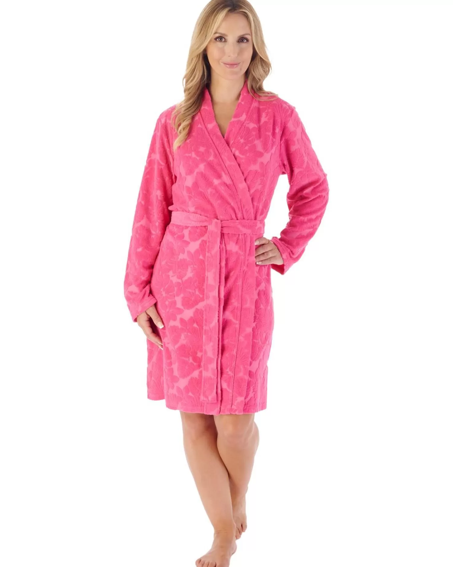 Slenderella Dressing Gowns | 38" Floral Embossed Dressing Gown - Raspberry