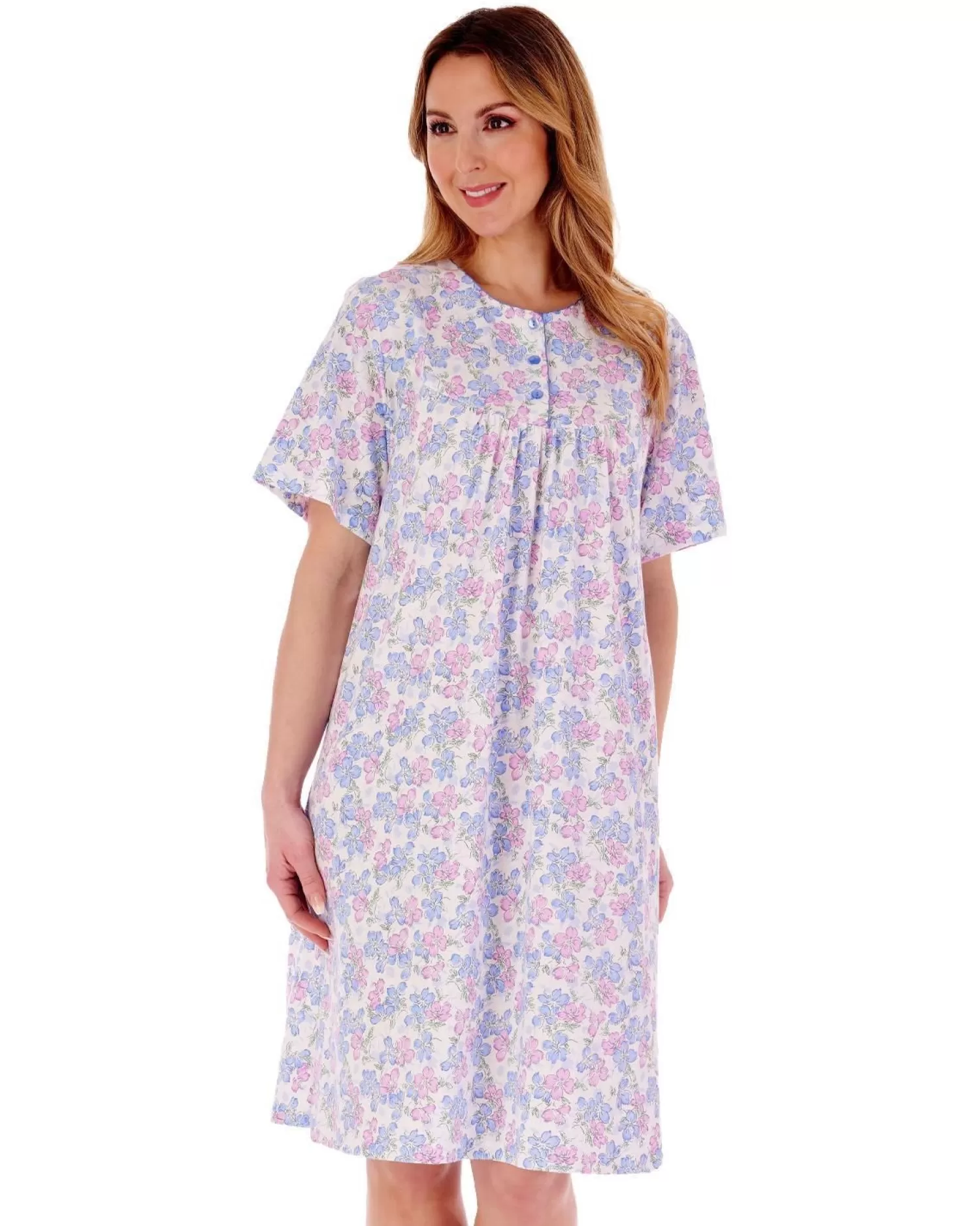 Slenderella Nighties | 38" Floral Short Sleeve Nightie - Blue