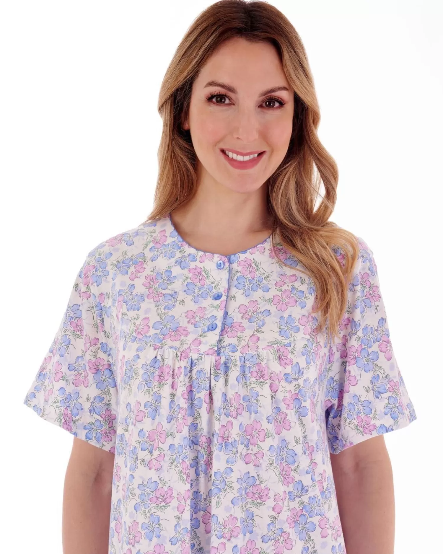 Slenderella Nighties | 38" Floral Short Sleeve Nightie - Blue