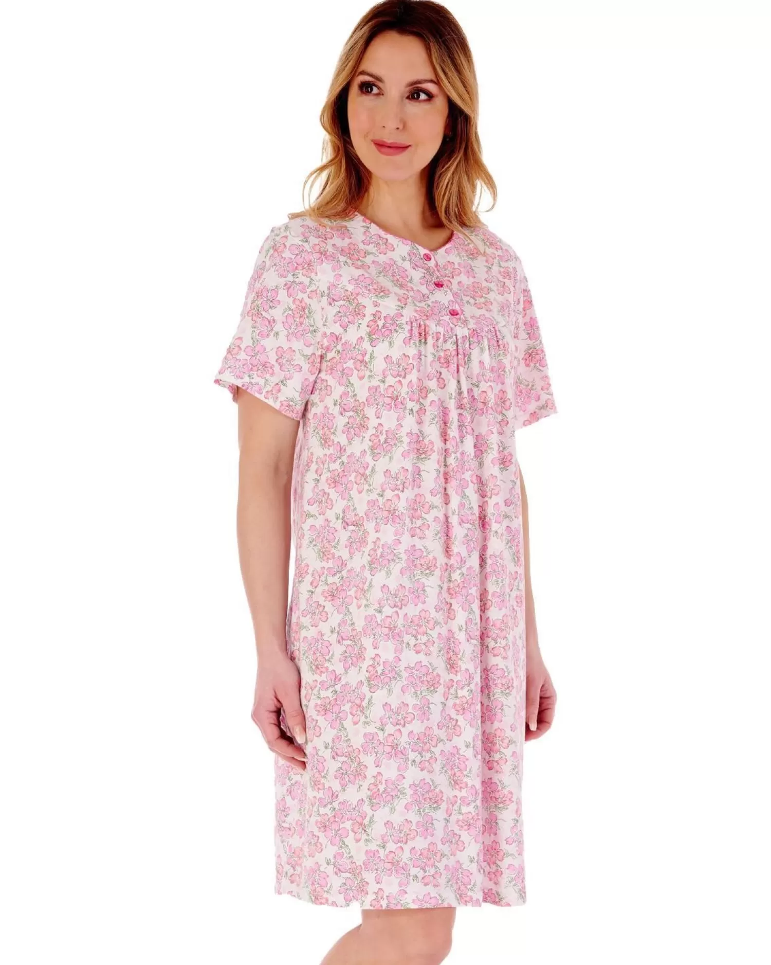 Slenderella Nighties | 38" Floral Short Sleeve Nightie - Pink