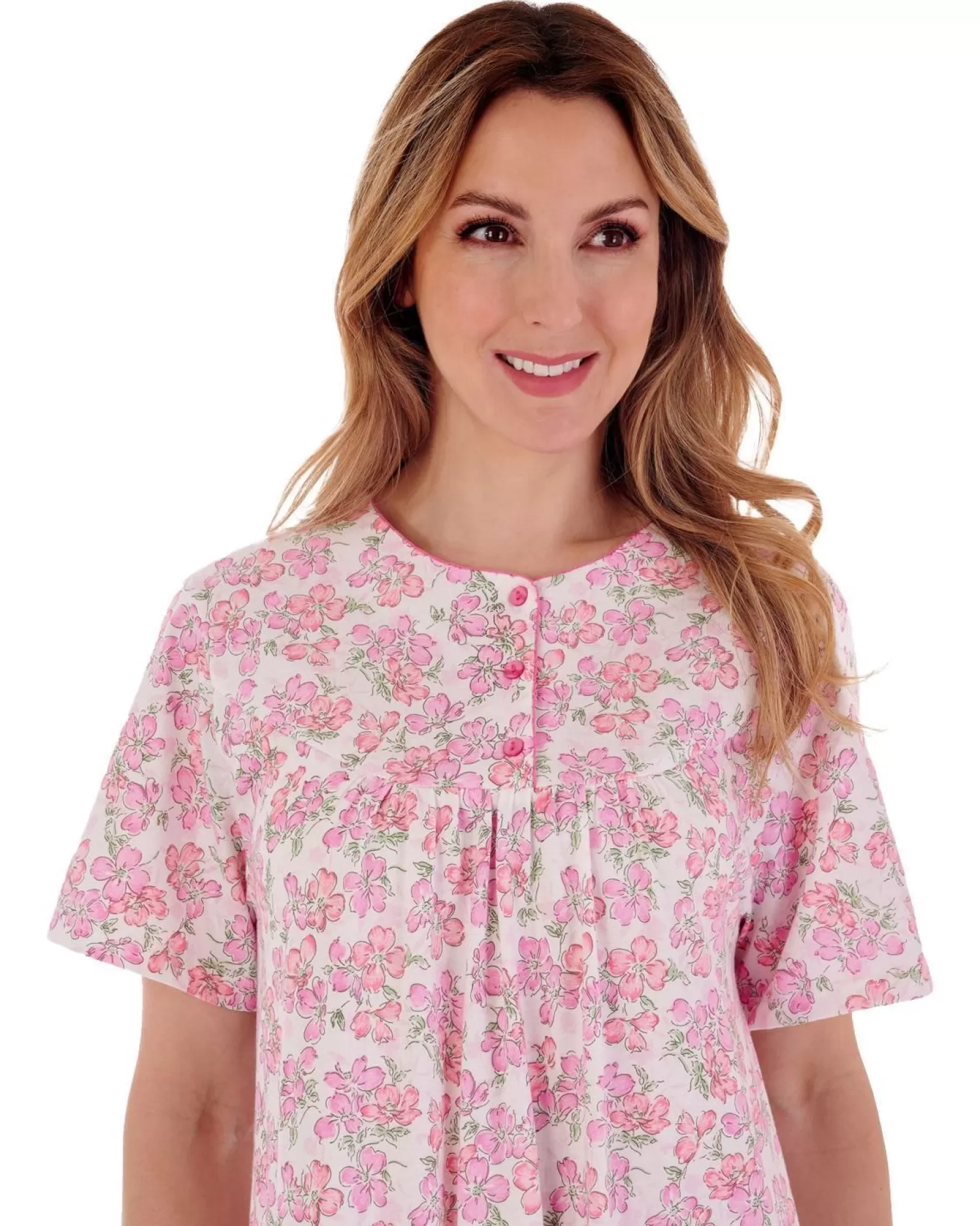 Slenderella Nighties | 38" Floral Short Sleeve Nightie - Pink