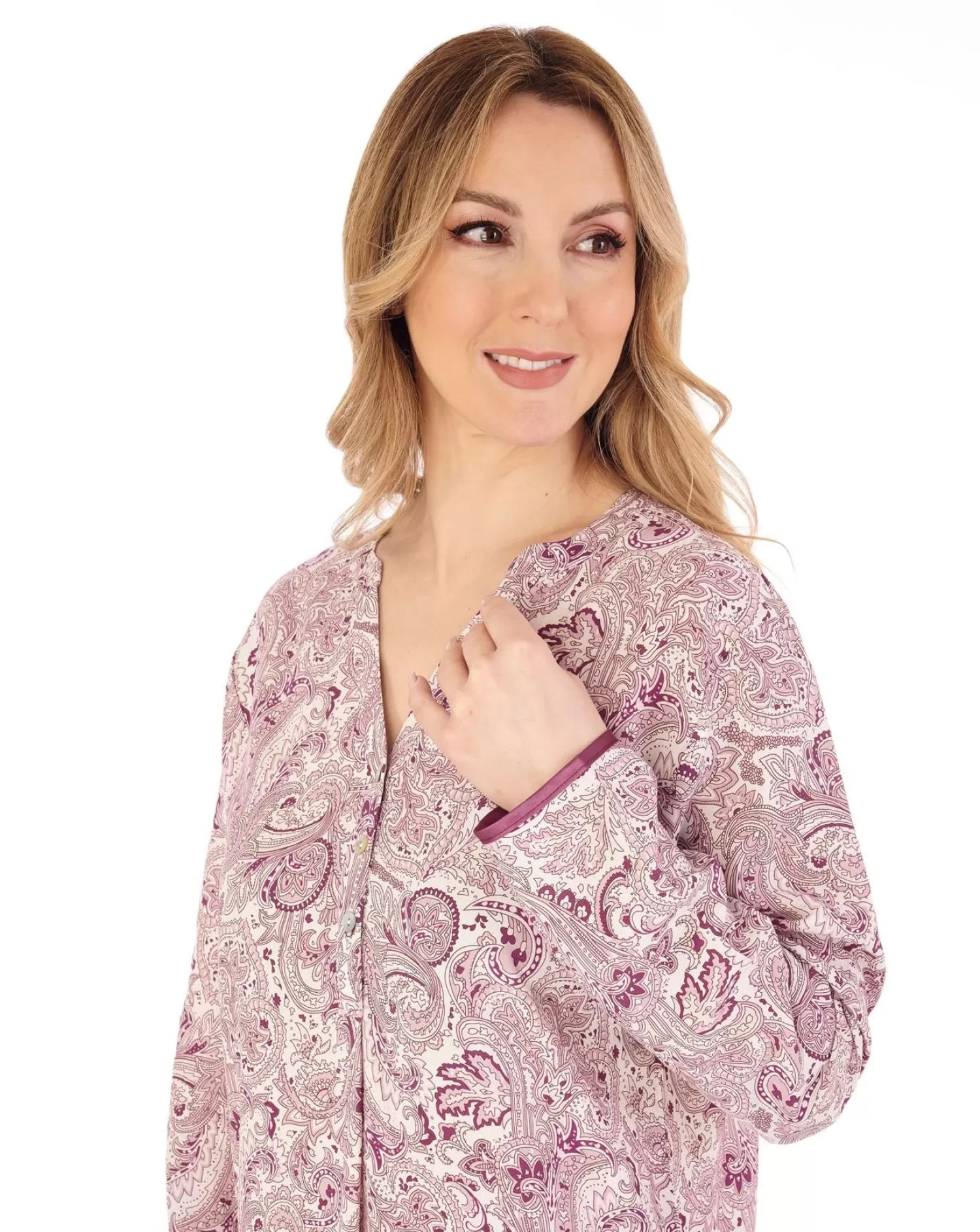 Slenderella Nighties | 38" Paisley Print Tailored Nightshirt - Damson