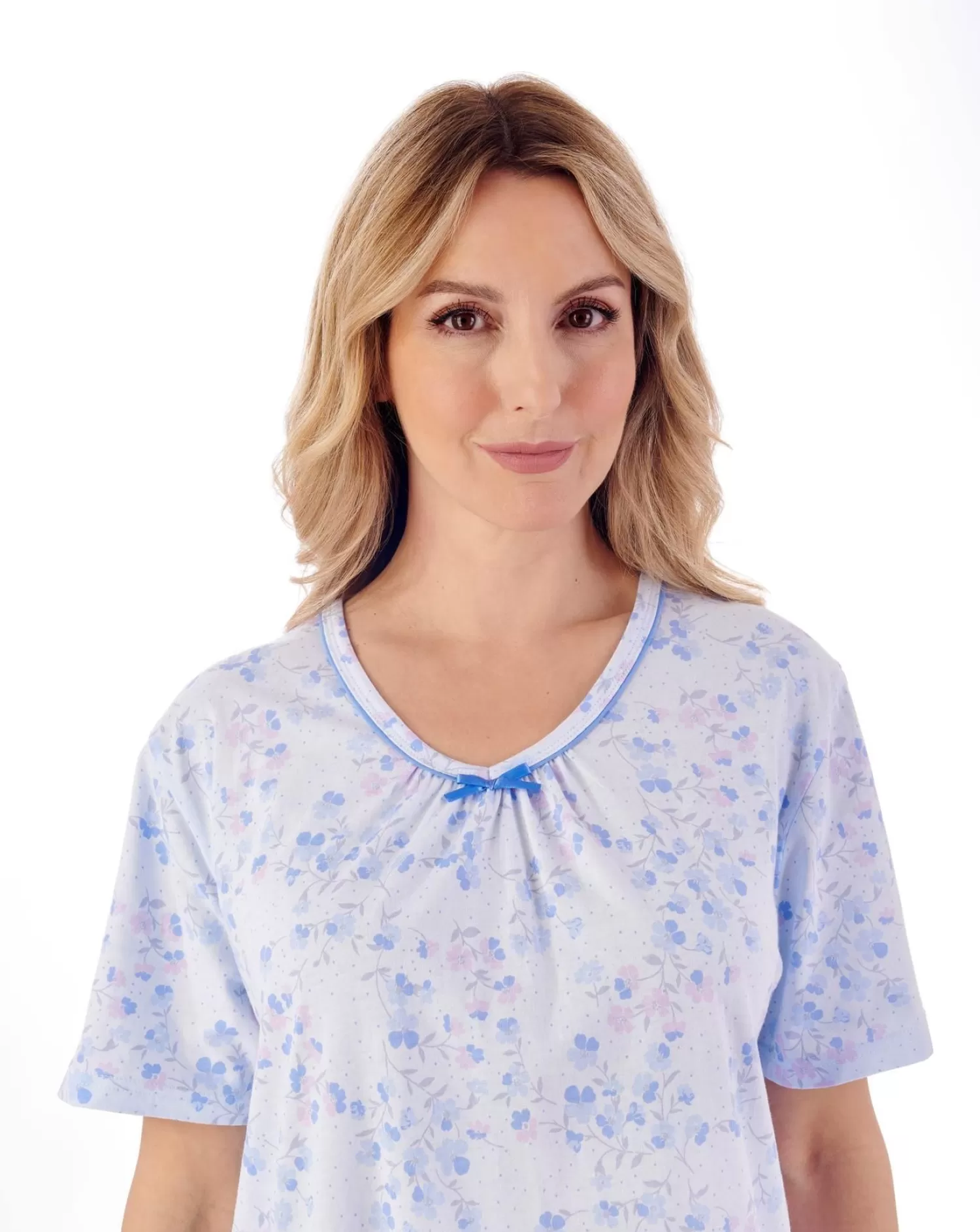 Slenderella Nighties | 38" Trailing Floral Short Sleeve Jersey Nightie - Blue