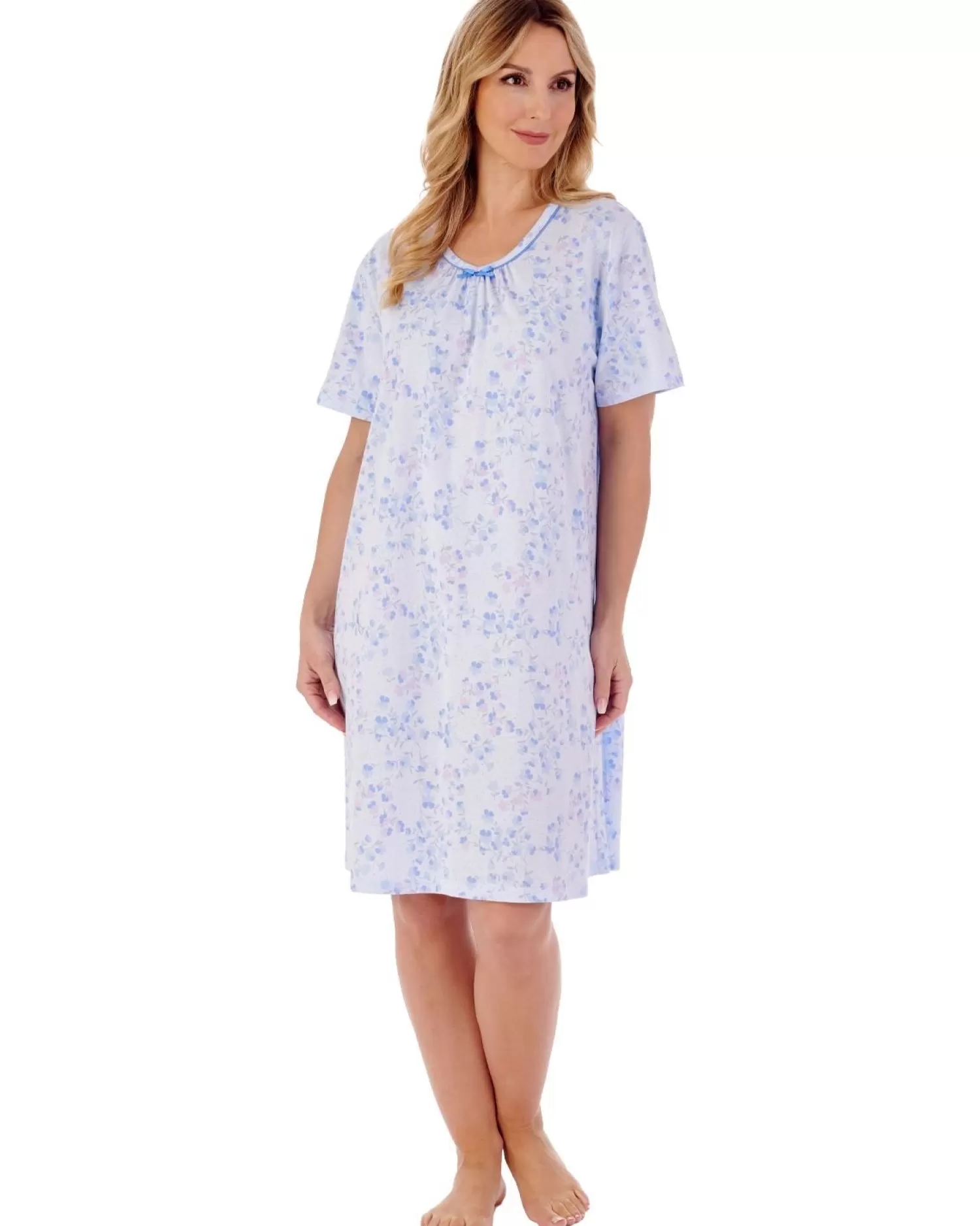 Slenderella Nighties | 38" Trailing Floral Short Sleeve Jersey Nightie - Blue