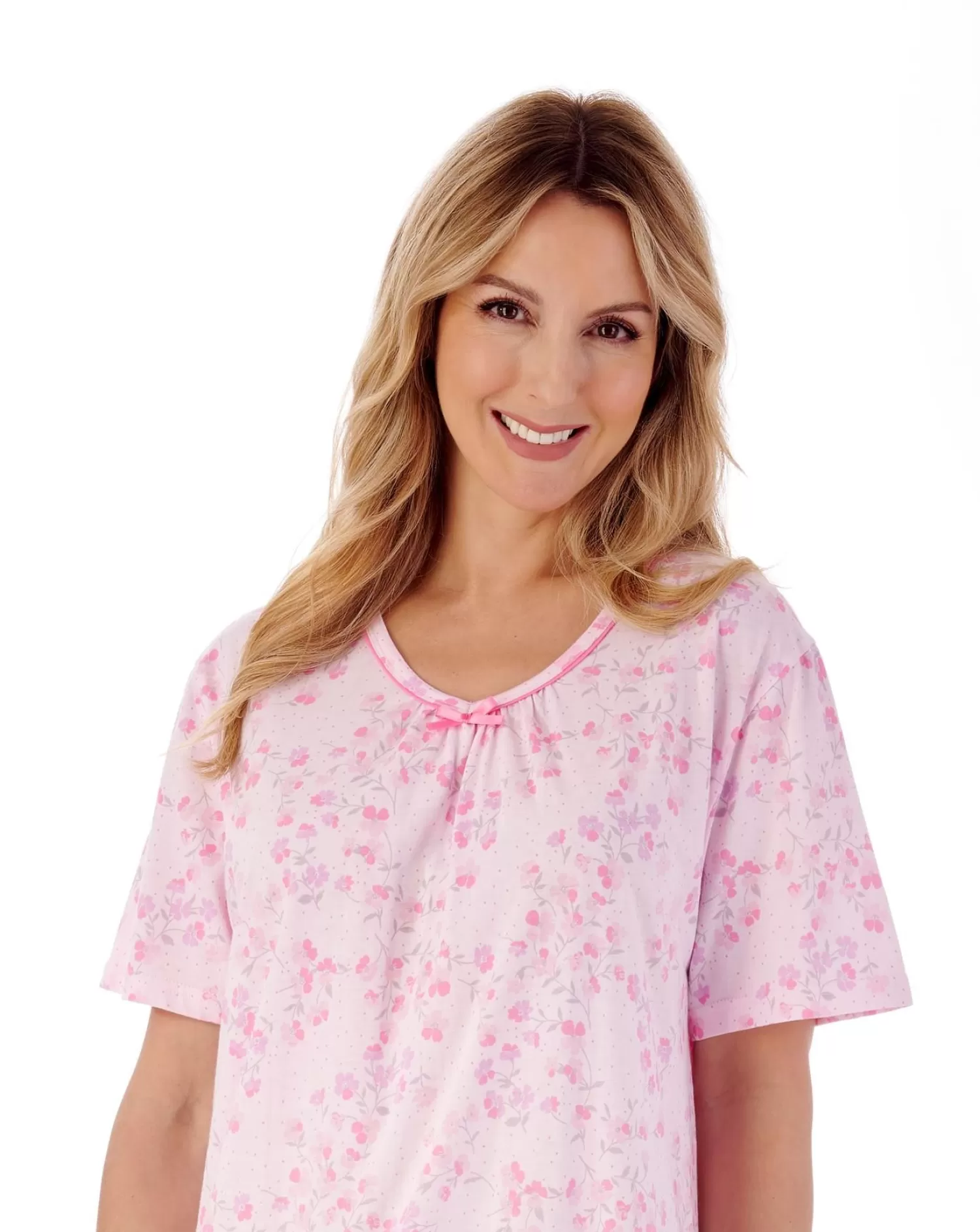 Slenderella Nighties | 38" Trailing Floral Short Sleeve Jersey Nightie - Pink