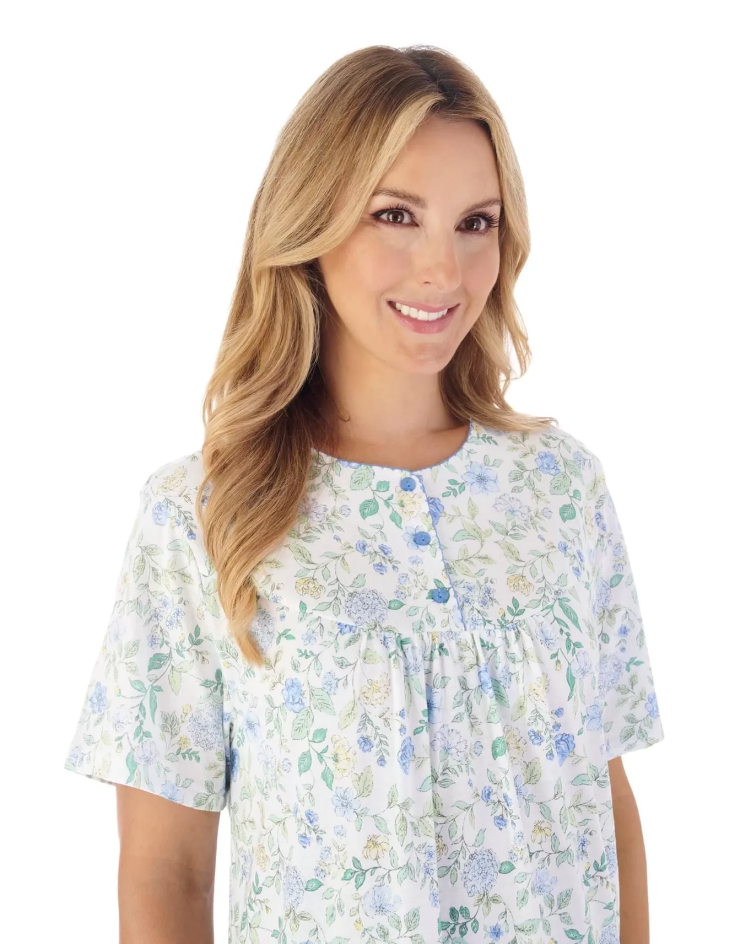 Slenderella Nighties | 38" Trailing Floral Short Sleeve Nightie - Blue