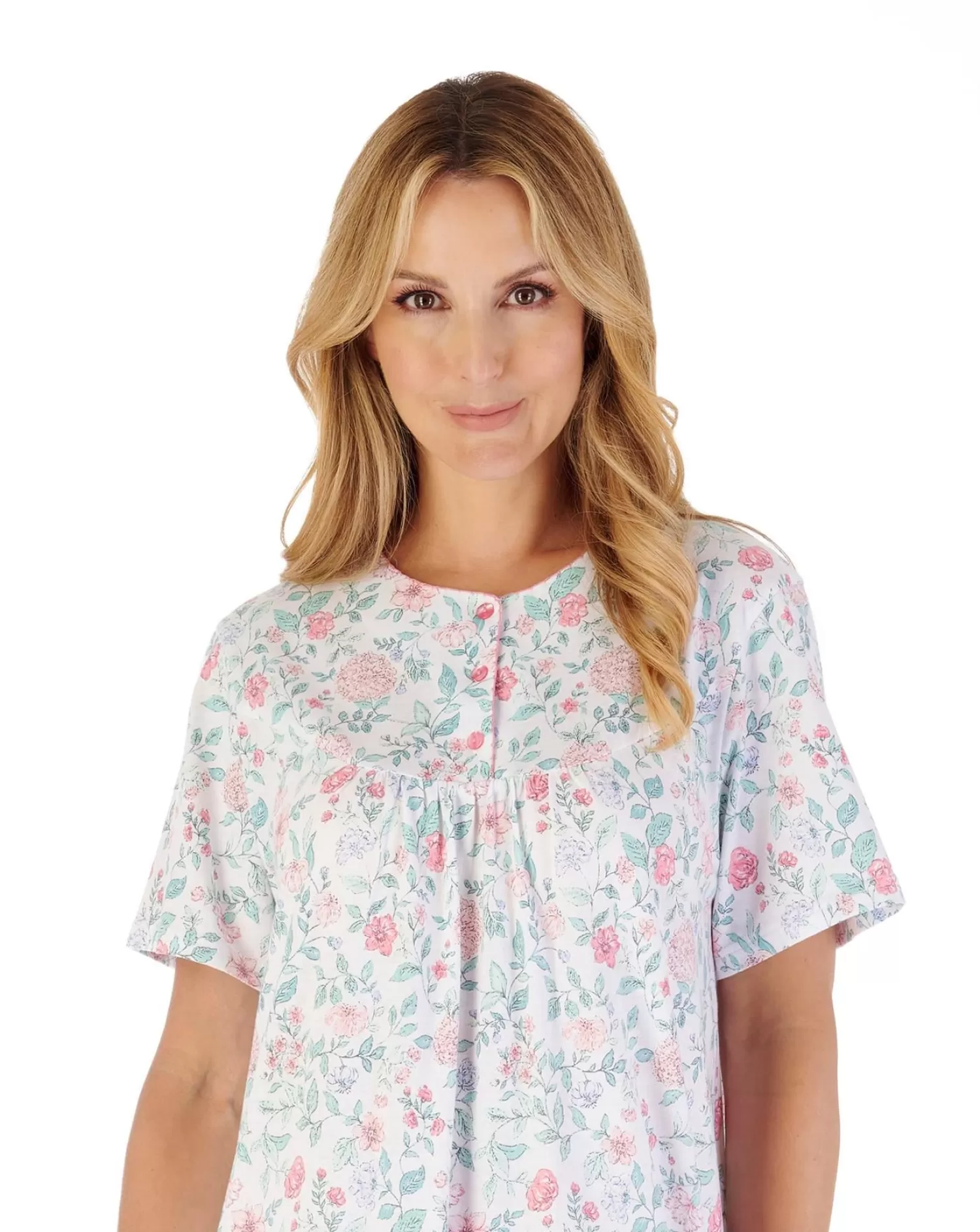Slenderella Nighties | 38" Trailing Floral Short Sleeve Nightie - Pink