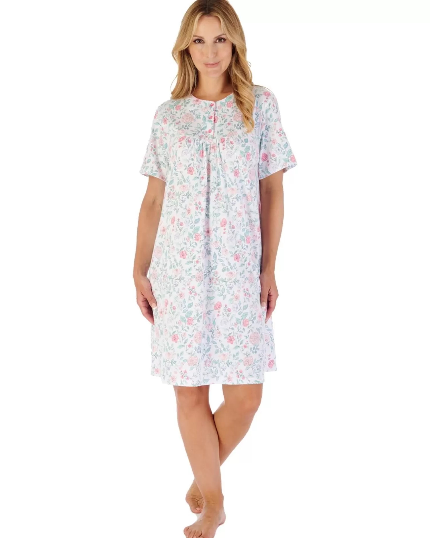 Slenderella Nighties | 38" Trailing Floral Short Sleeve Nightie - Pink