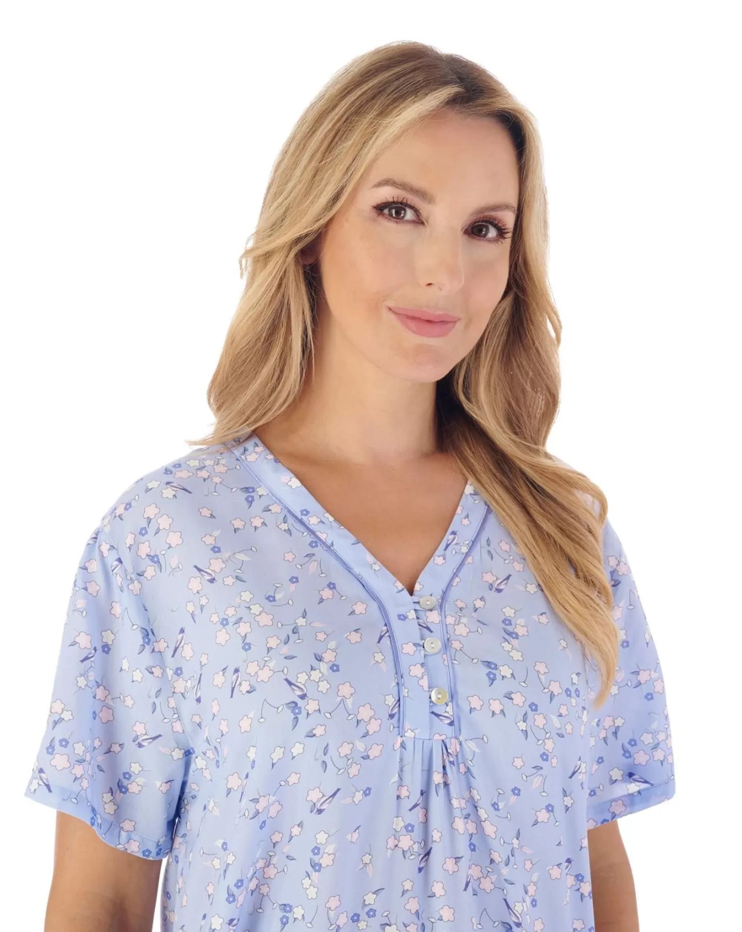 Slenderella Nighties | 40" Blossom Print Short Sleeve Woven Nightie - Blue