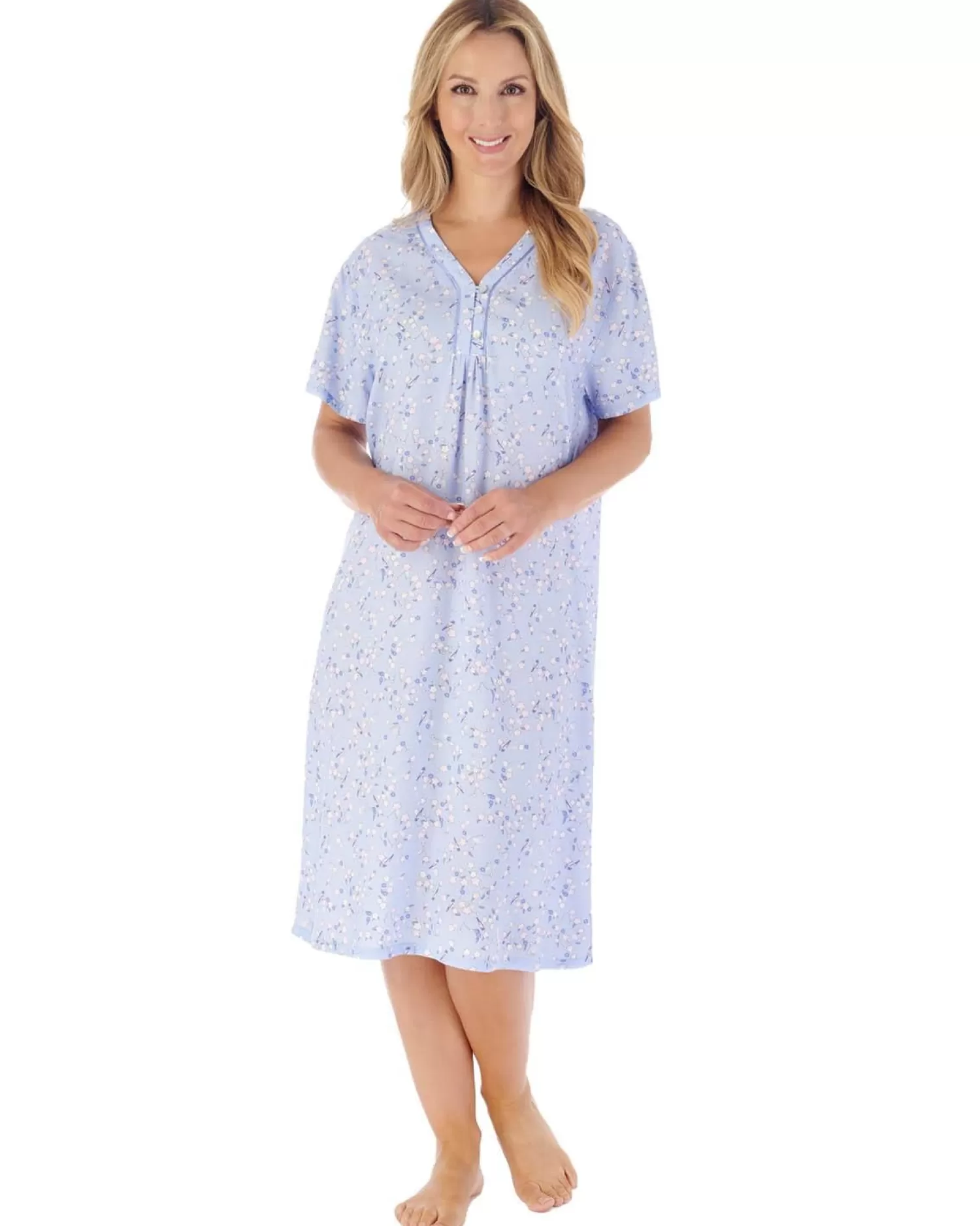 Slenderella Nighties | 40" Blossom Print Short Sleeve Woven Nightie - Blue