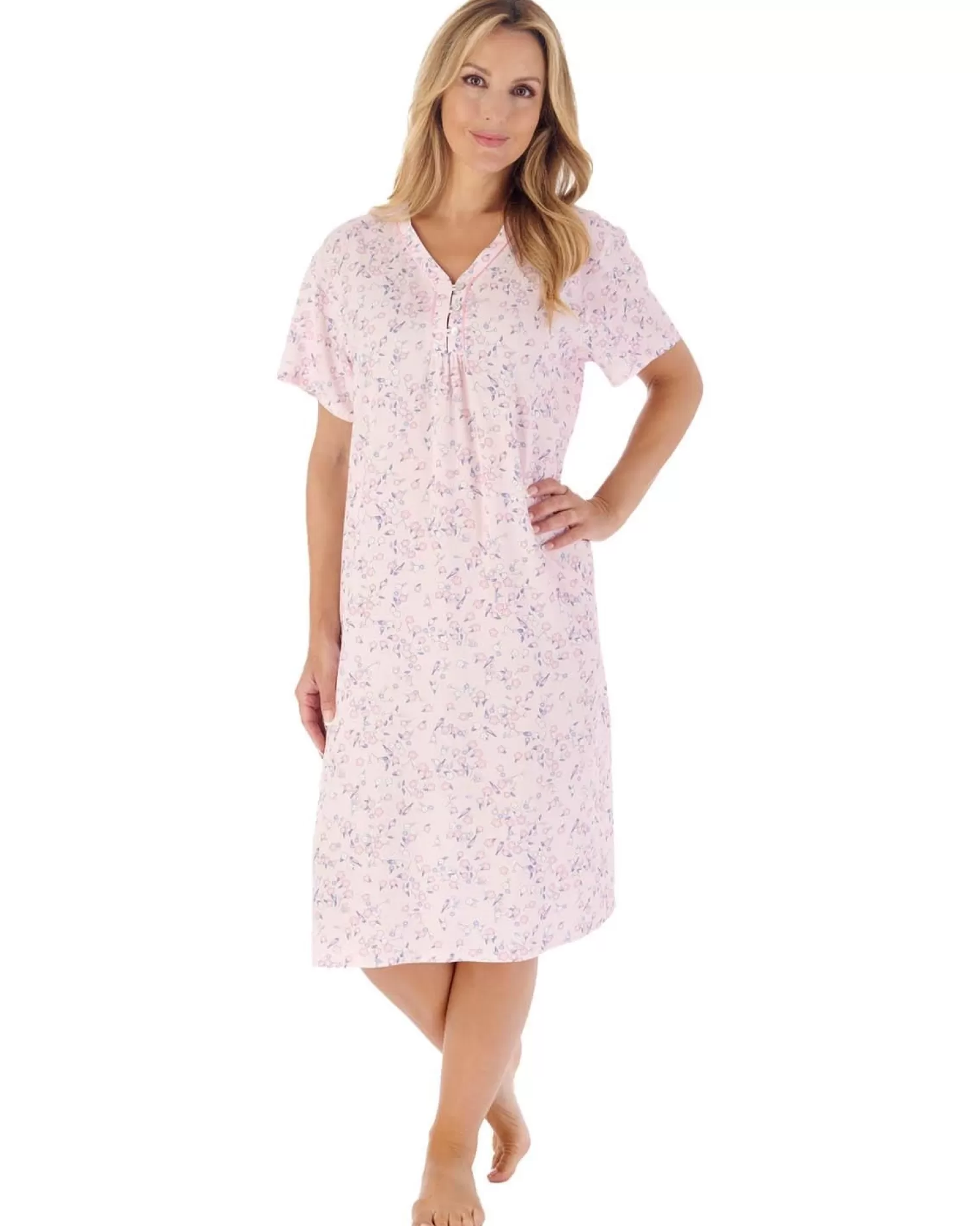 Slenderella Nighties | 40" Blossom Print Short Sleeve Woven Nightie - Pink