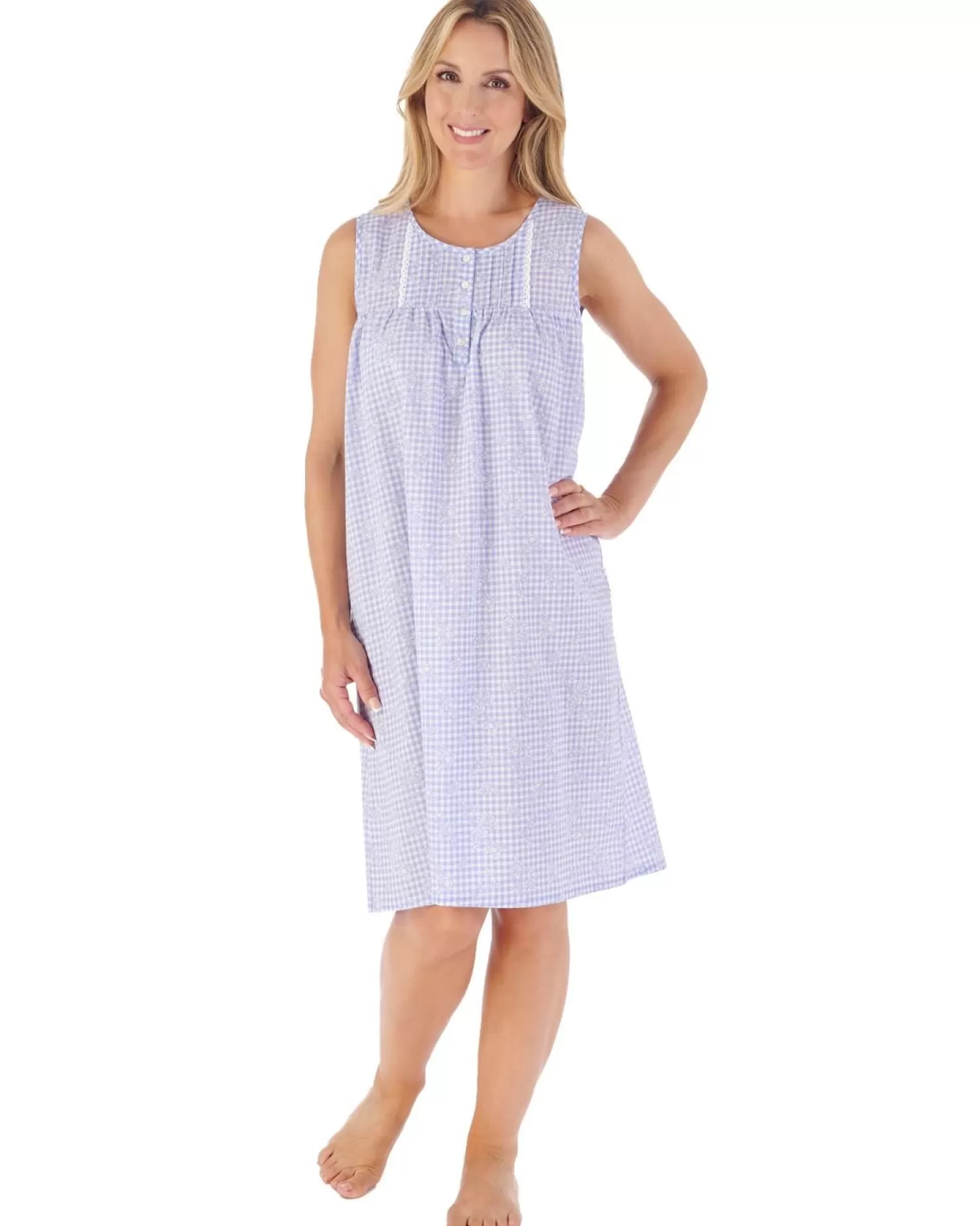 Slenderella Nighties | 40" Floral Gingham Sleeveless Nightie - Blue