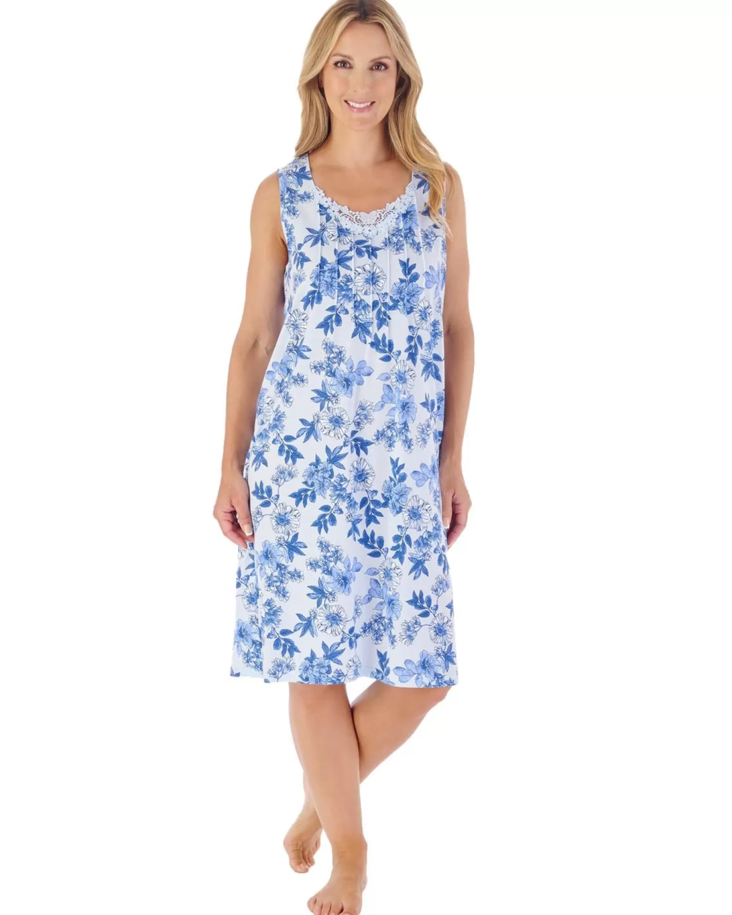 Slenderella Nighties | 40" Floral Jersey Sleeveless Nightie - Blue