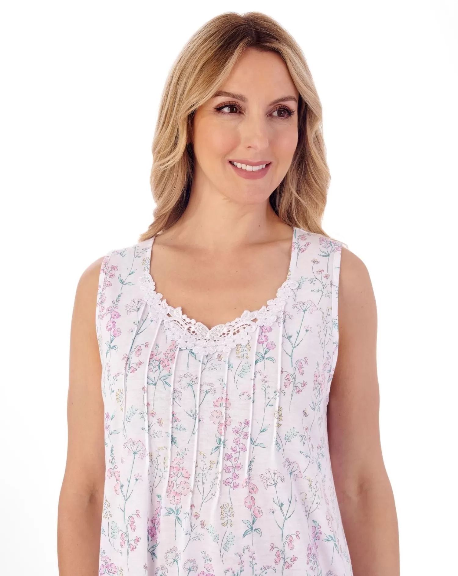 Slenderella Nighties | 40" Floral Meadow Sleeveless Jersey Nightie - Pink