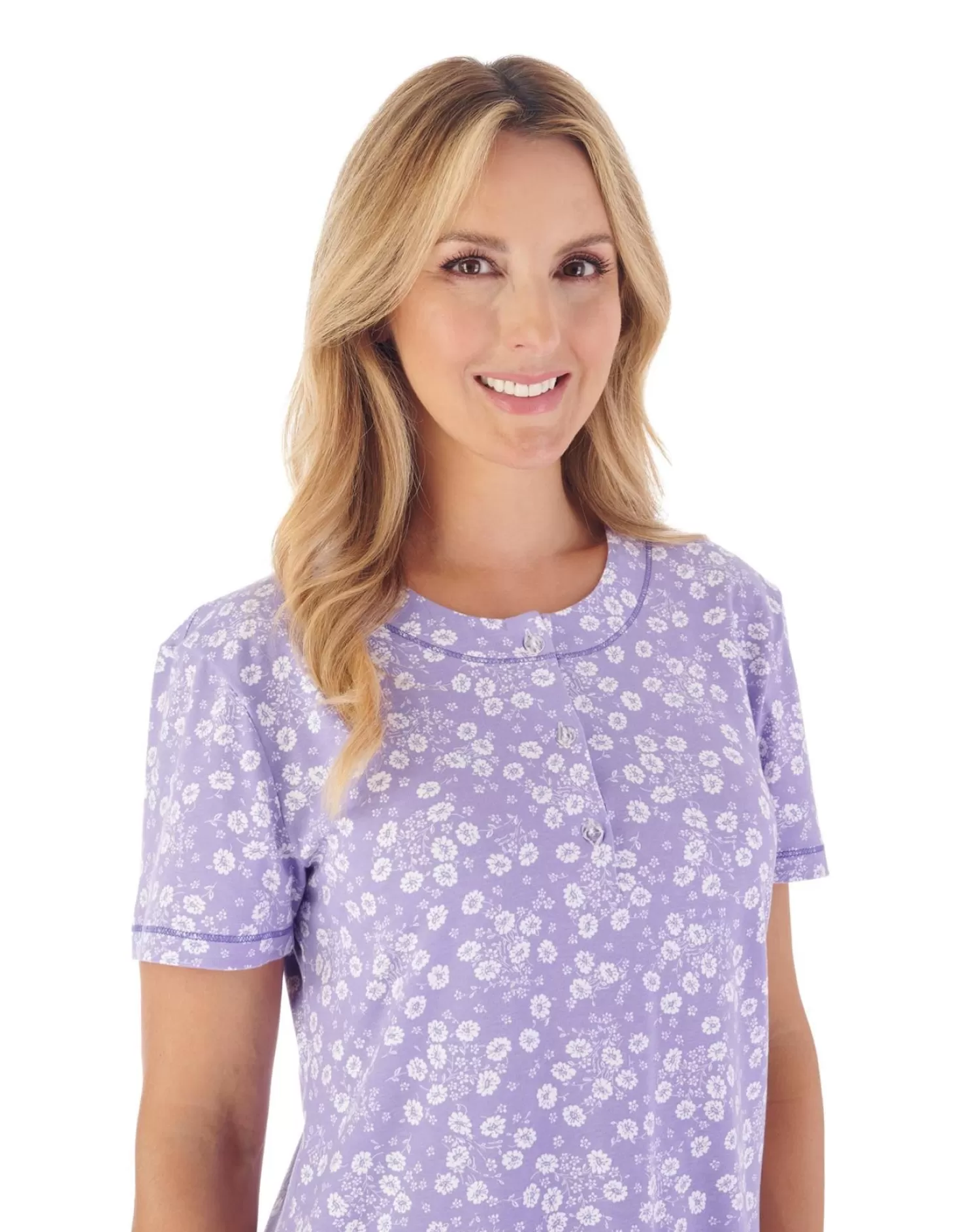 Slenderella Nighties | 40" Floral Print Short Sleeve Nightie - Purple