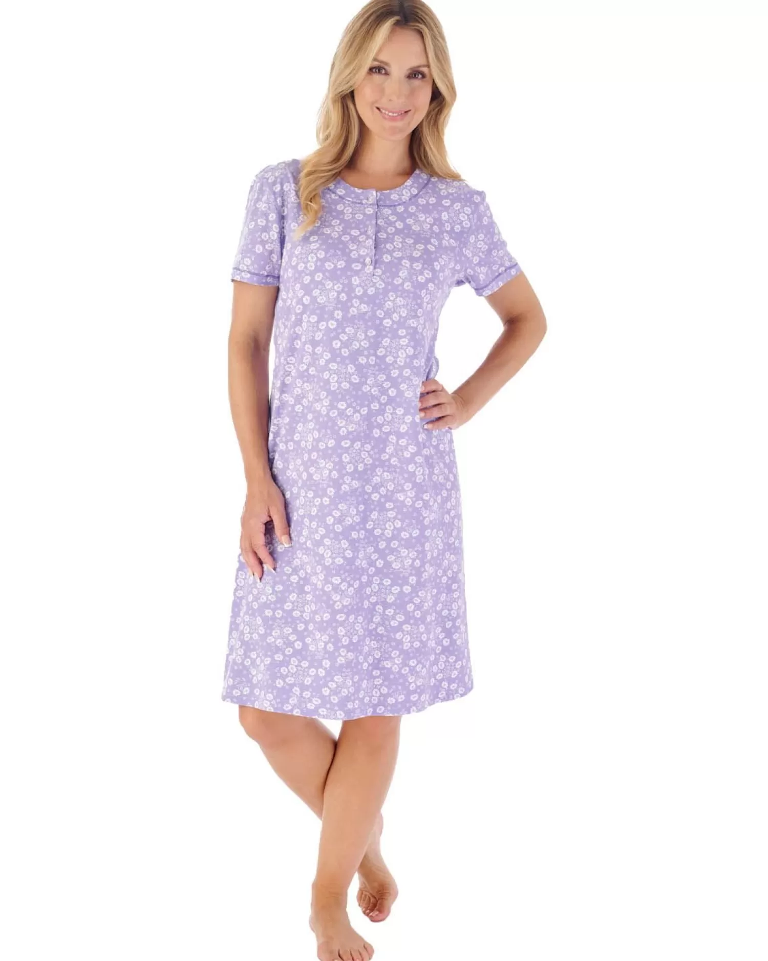 Slenderella Nighties | 40" Floral Print Short Sleeve Nightie - Purple