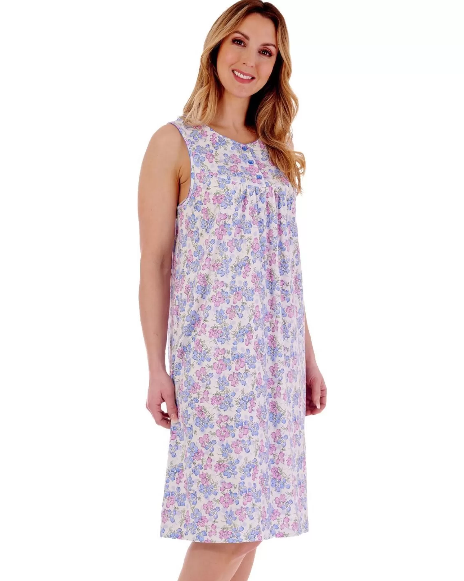 Slenderella Nighties | 40" Floral Sleeveless Nightie - Blue