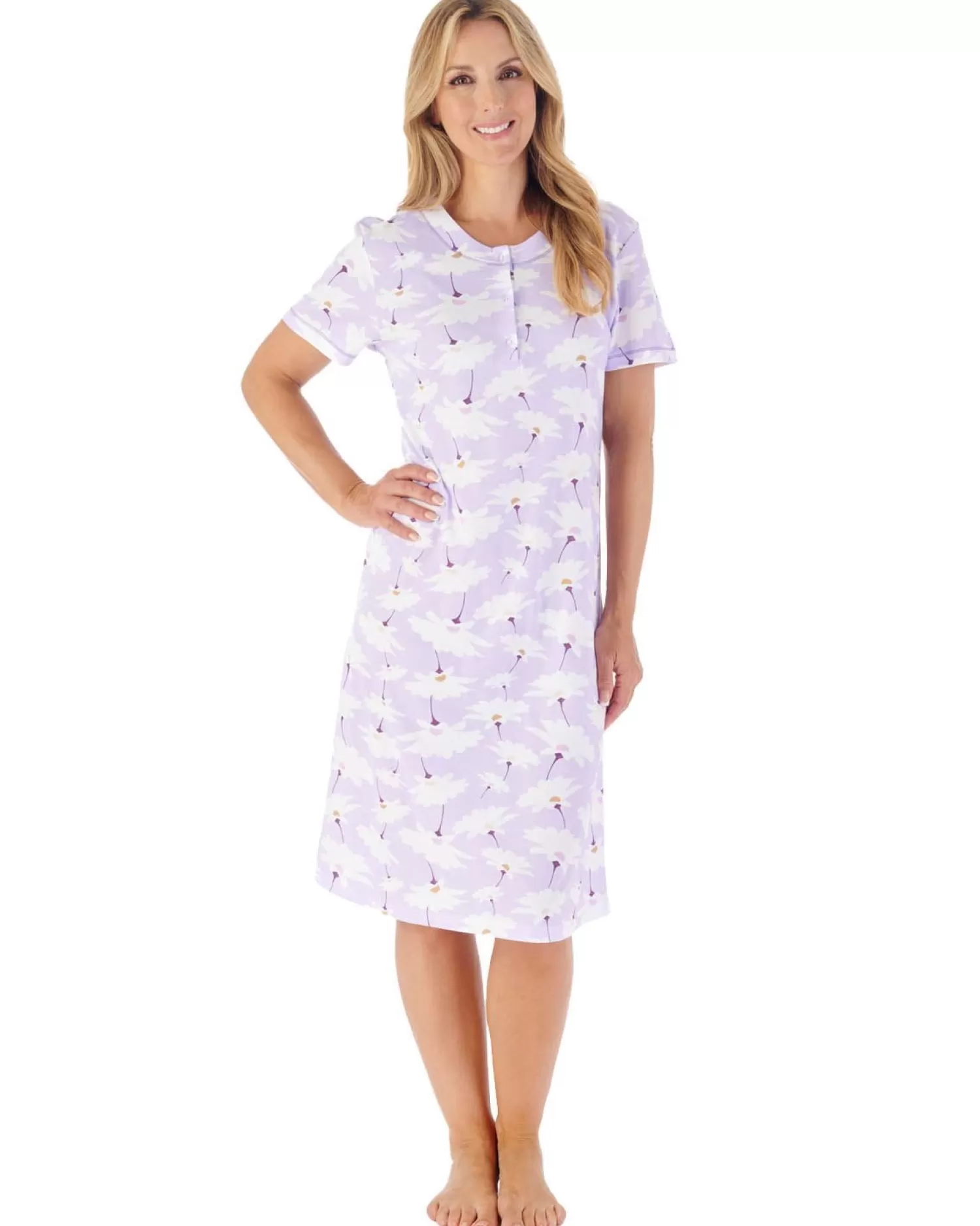Slenderella Nighties | 40" Large Floral Print Short Sleeve Nightie - Lilac