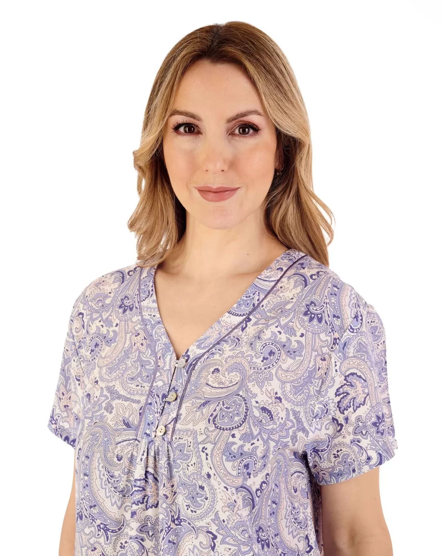 Slenderella Nighties | 40" Paisley Print Short Sleeve Nightie - Blue