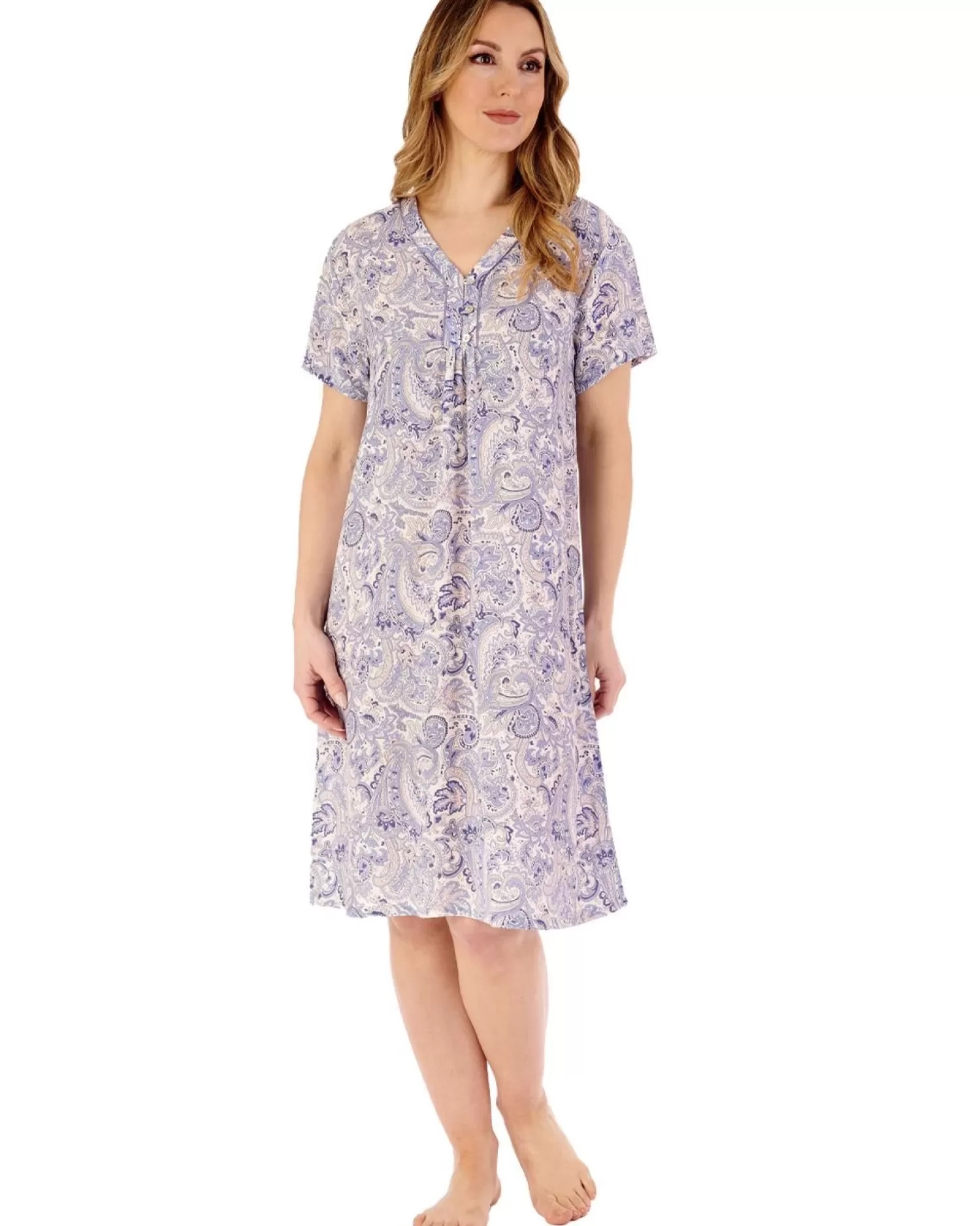 Slenderella Nighties | 40" Paisley Print Short Sleeve Nightie - Blue