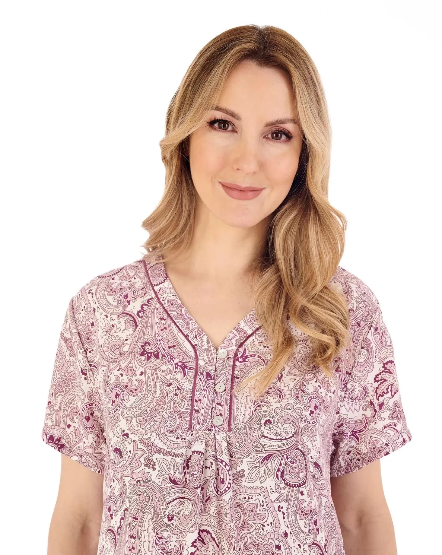 Slenderella Nighties | 40" Paisley Print Short Sleeve Nightie - Damson