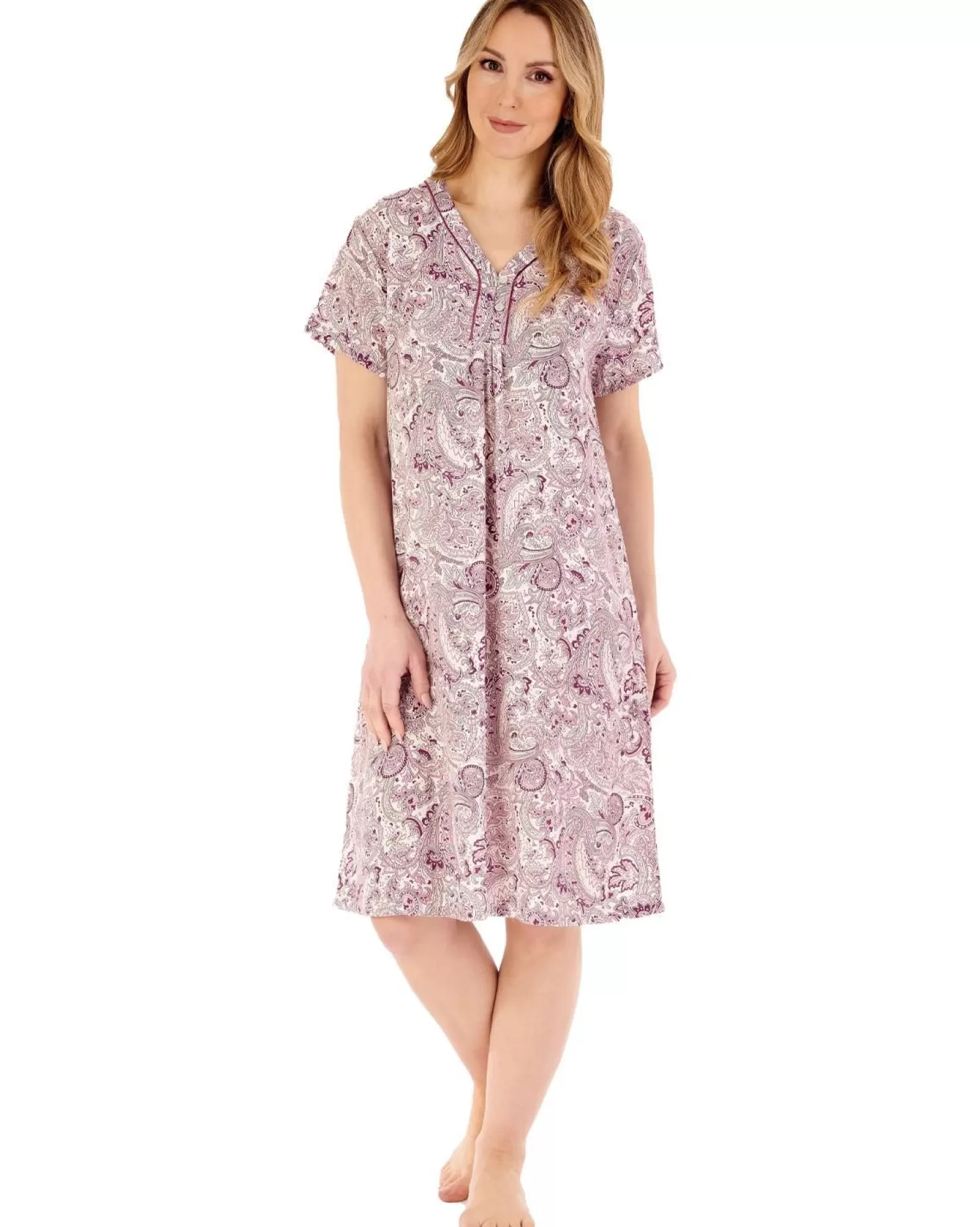 Slenderella Nighties | 40" Paisley Print Short Sleeve Nightie - Damson