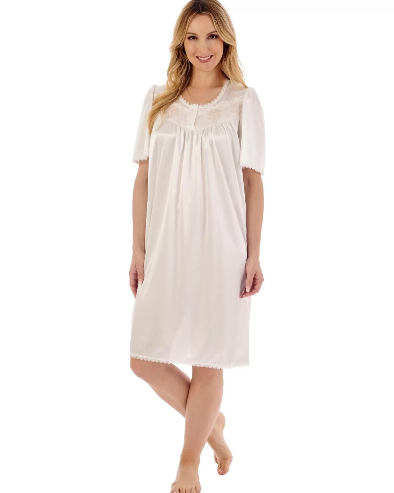 Slenderella Nighties | 40" Satin Short Sleeve Nightie - Ivory