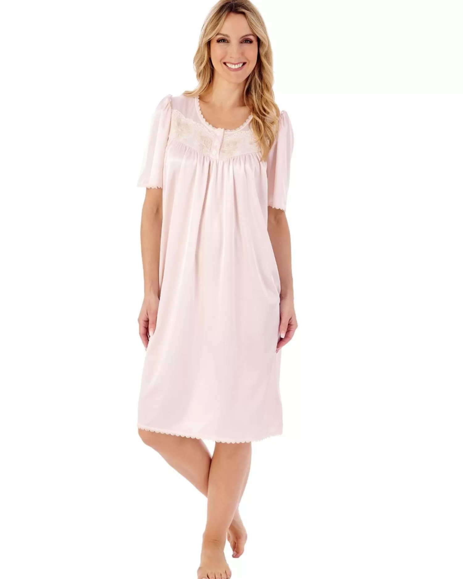 Slenderella Nighties | 40" Satin Short Sleeve Nightie - Peach