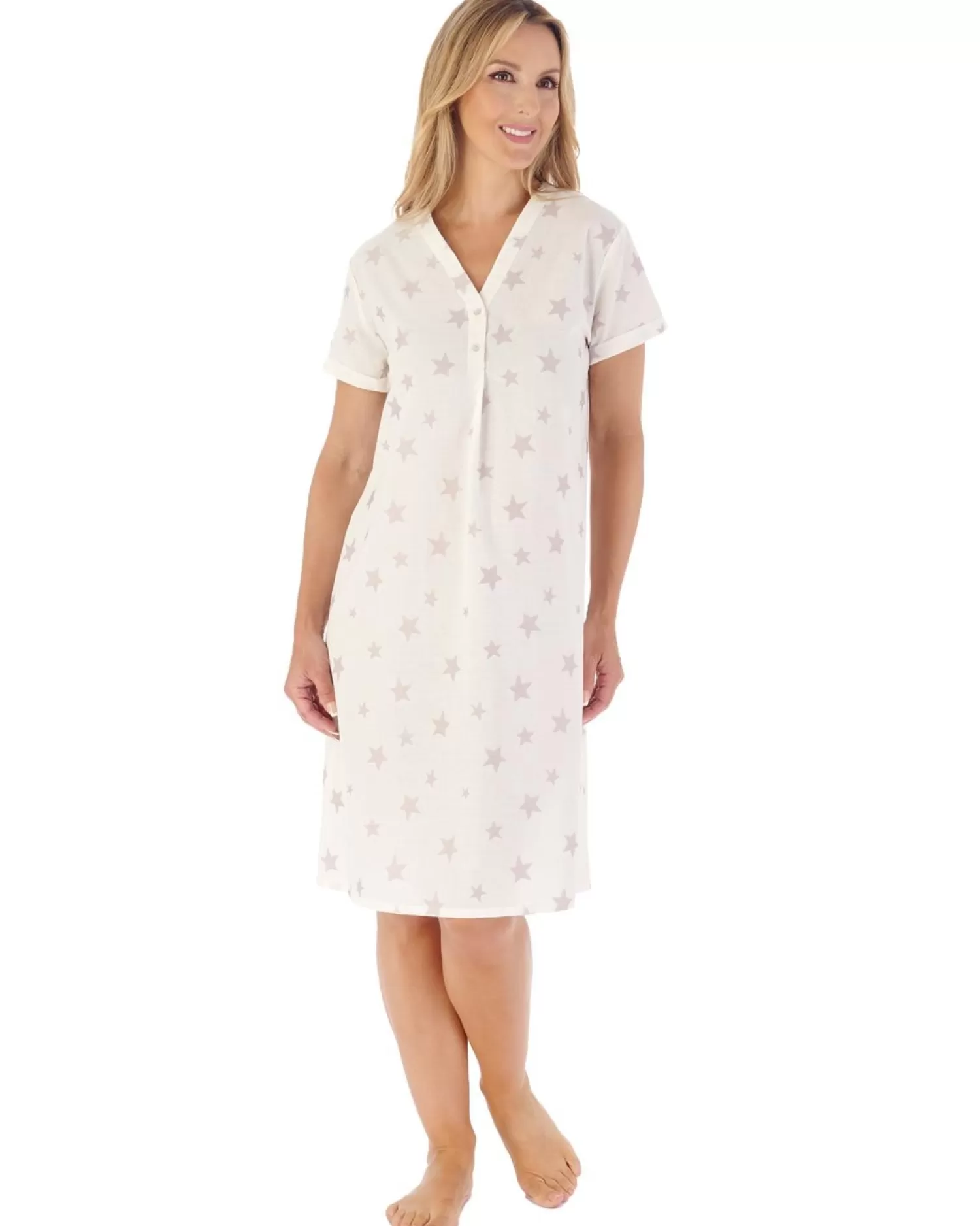 Slenderella Nighties | 40" Star Print Short Sleeve Nightie - Grey