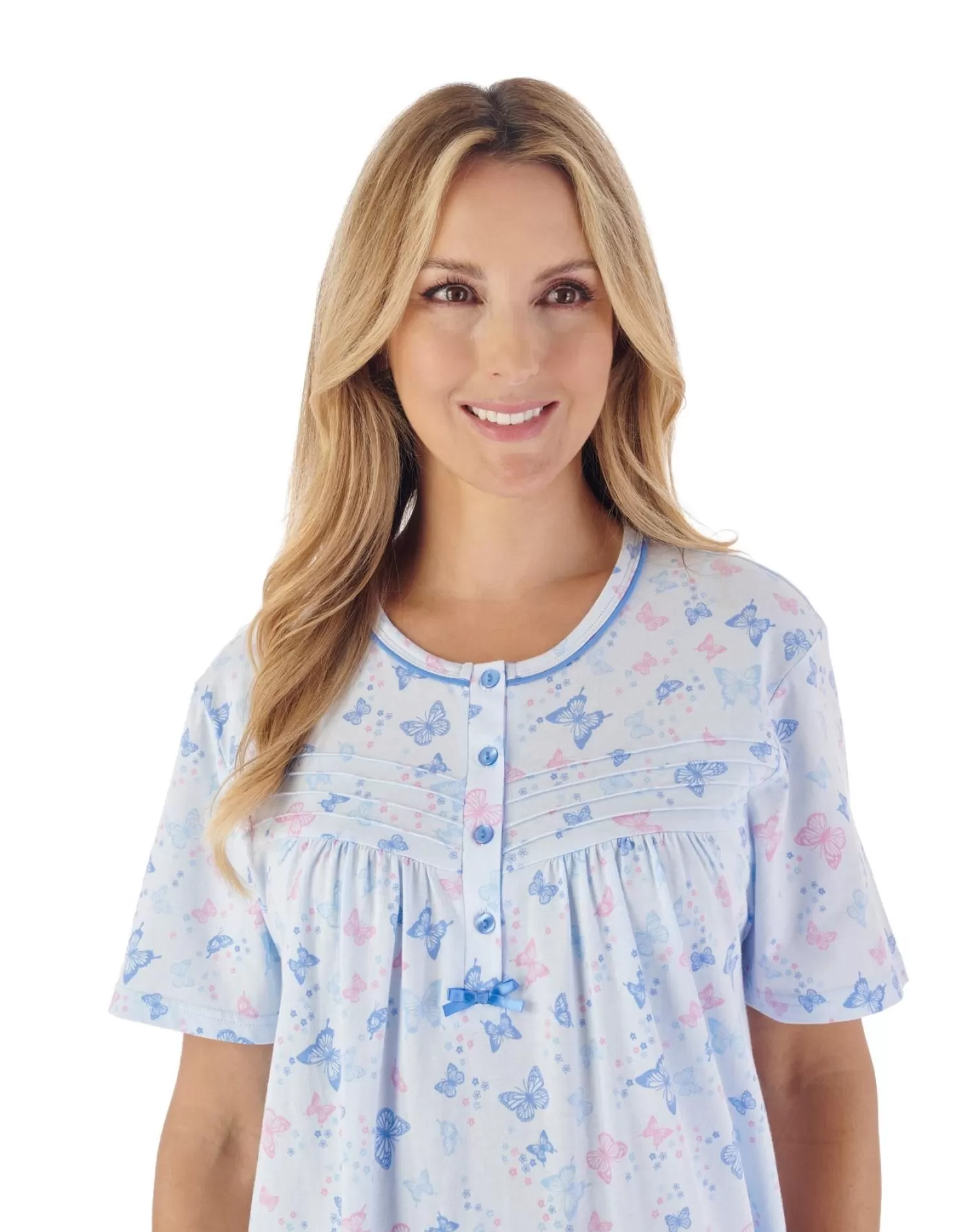 Slenderella Nighties | 42" Butterfly Print Short Sleeve Nightie - Blue