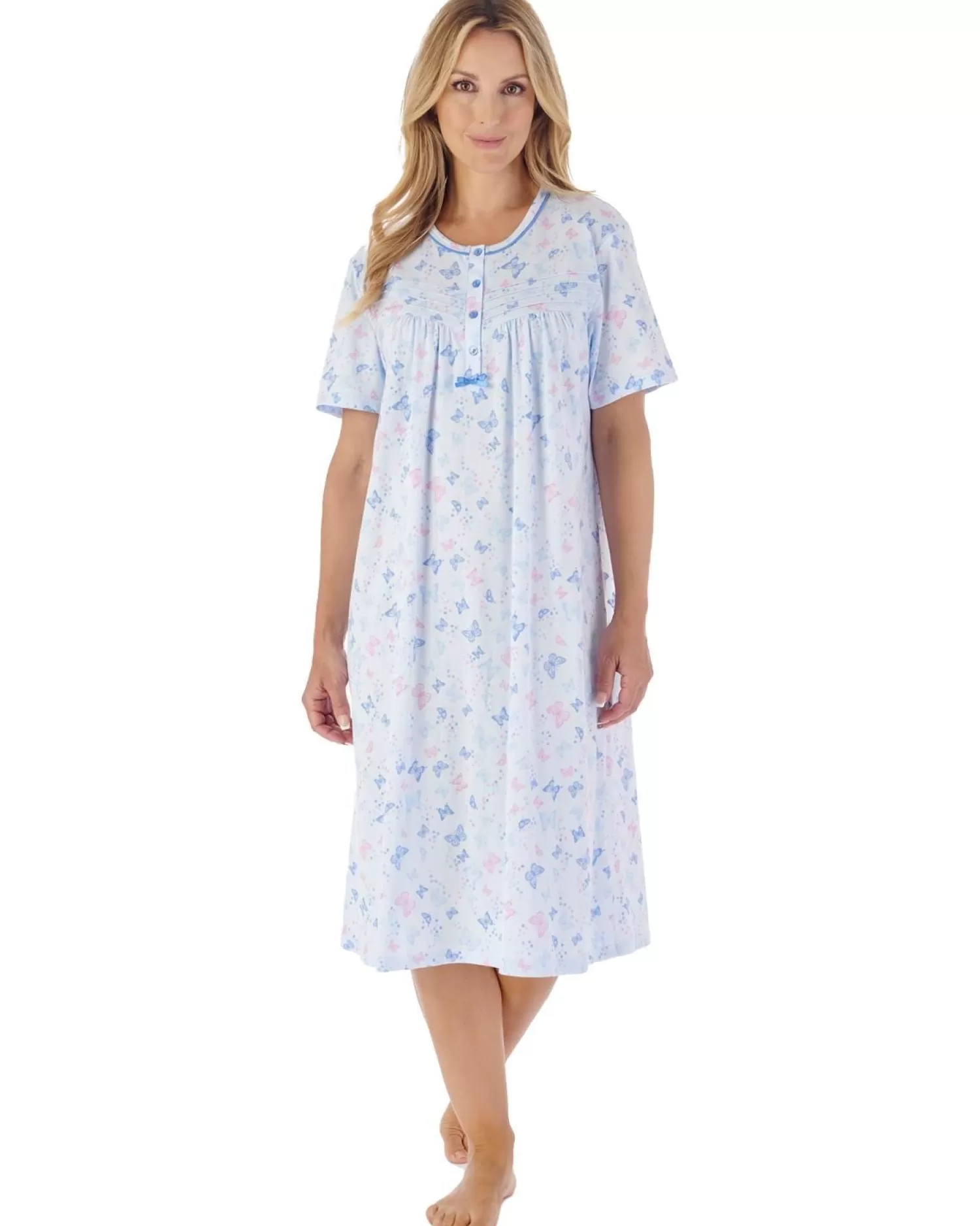 Slenderella Nighties | 42" Butterfly Print Short Sleeve Nightie - Blue