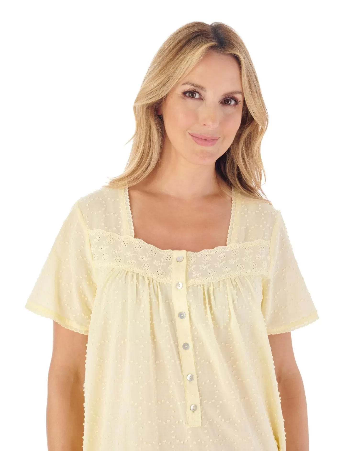 Slenderella Nighties | 42" Dobby Dot Short Sleeve 100% Cotton Nightie - Lemon