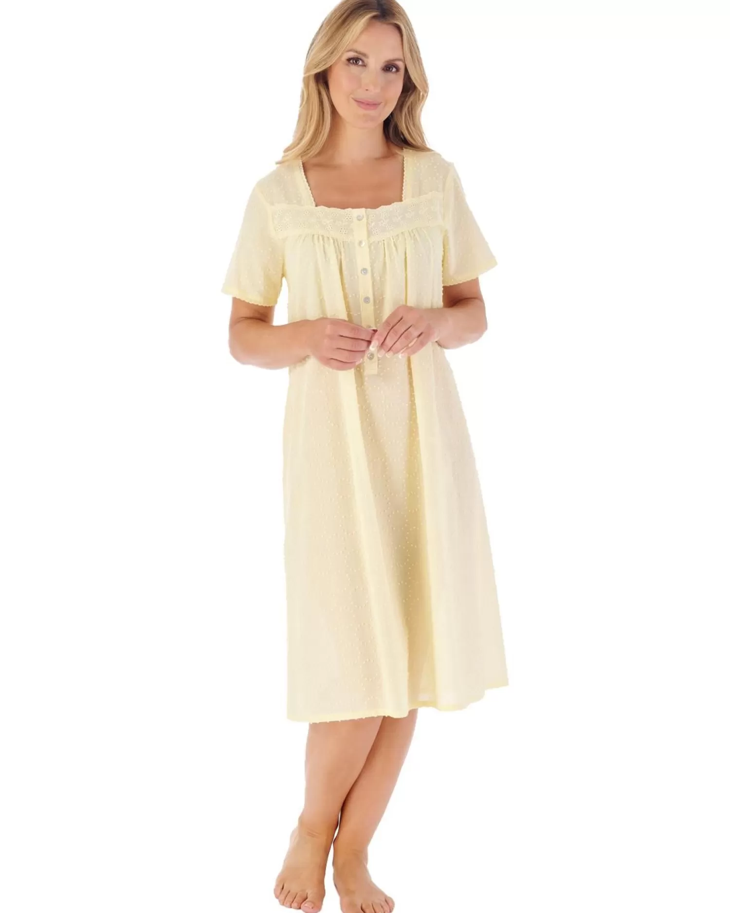 Slenderella Nighties | 42" Dobby Dot Short Sleeve 100% Cotton Nightie - Lemon