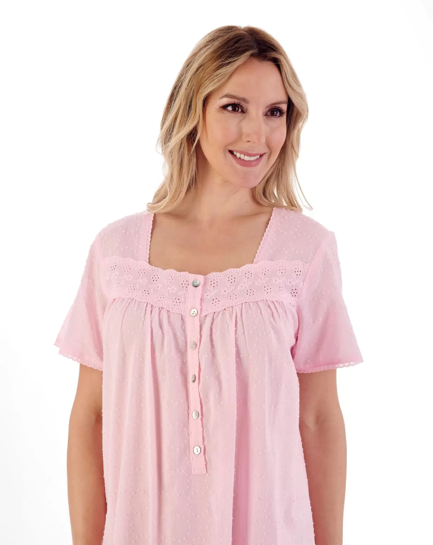 Slenderella Nighties | 42" Dobby Dot Short Sleeve 100% Cotton Nightie - Pink