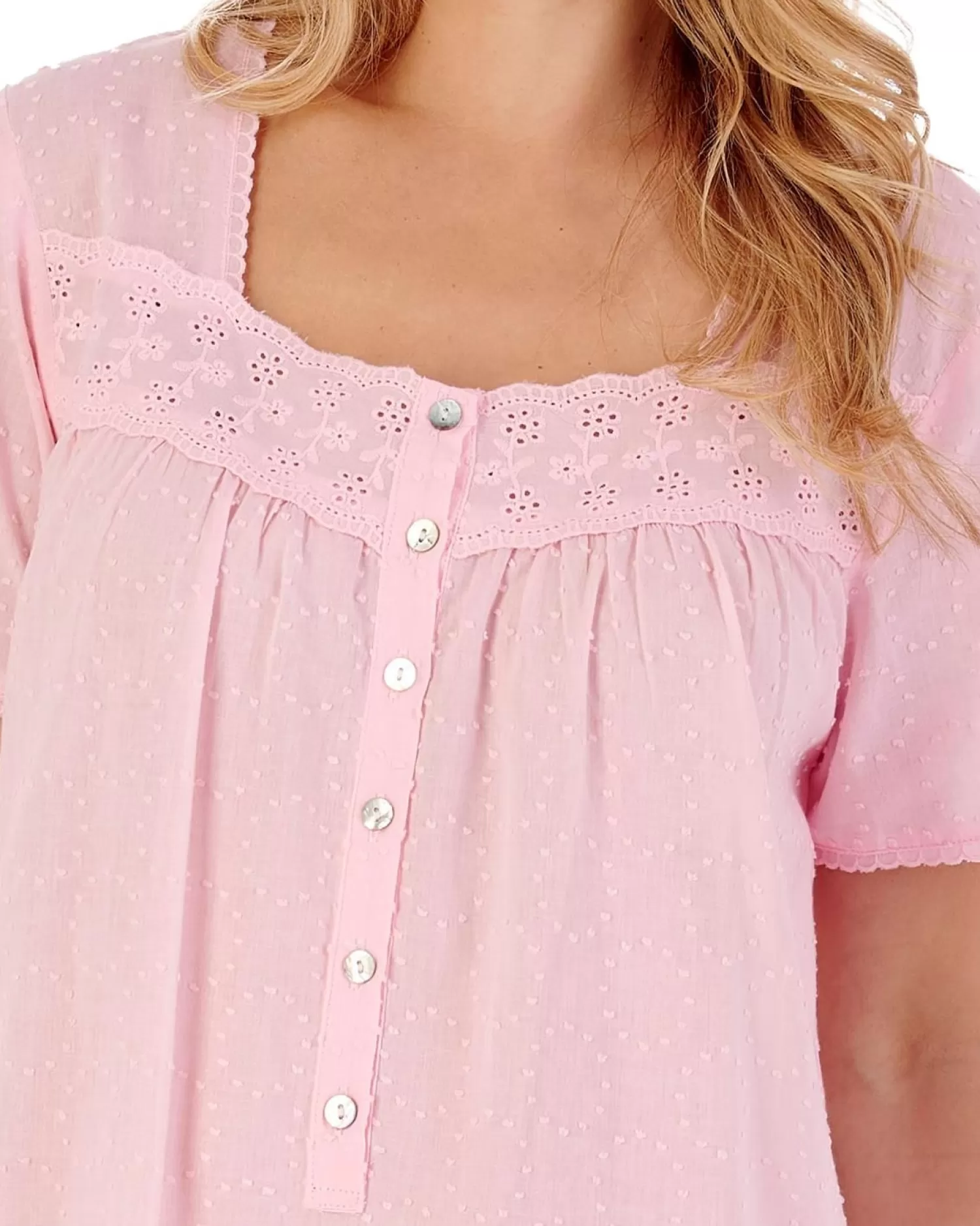 Slenderella Nighties | 42" Dobby Dot Short Sleeve 100% Cotton Nightie - Pink
