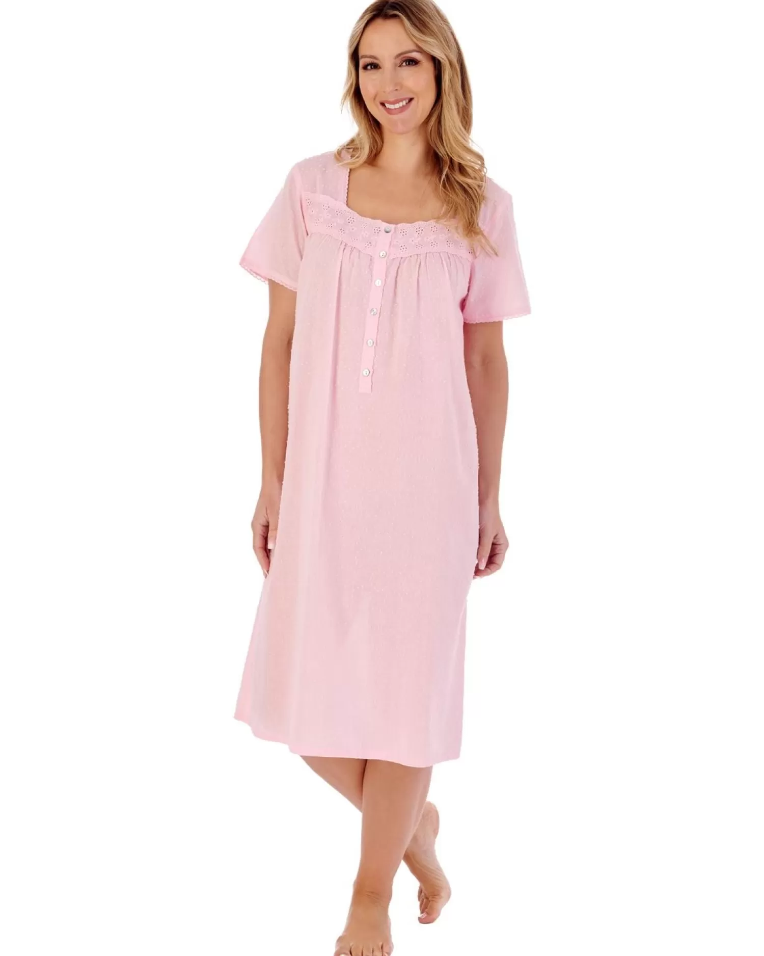 Slenderella Nighties | 42" Dobby Dot Short Sleeve 100% Cotton Nightie - Pink