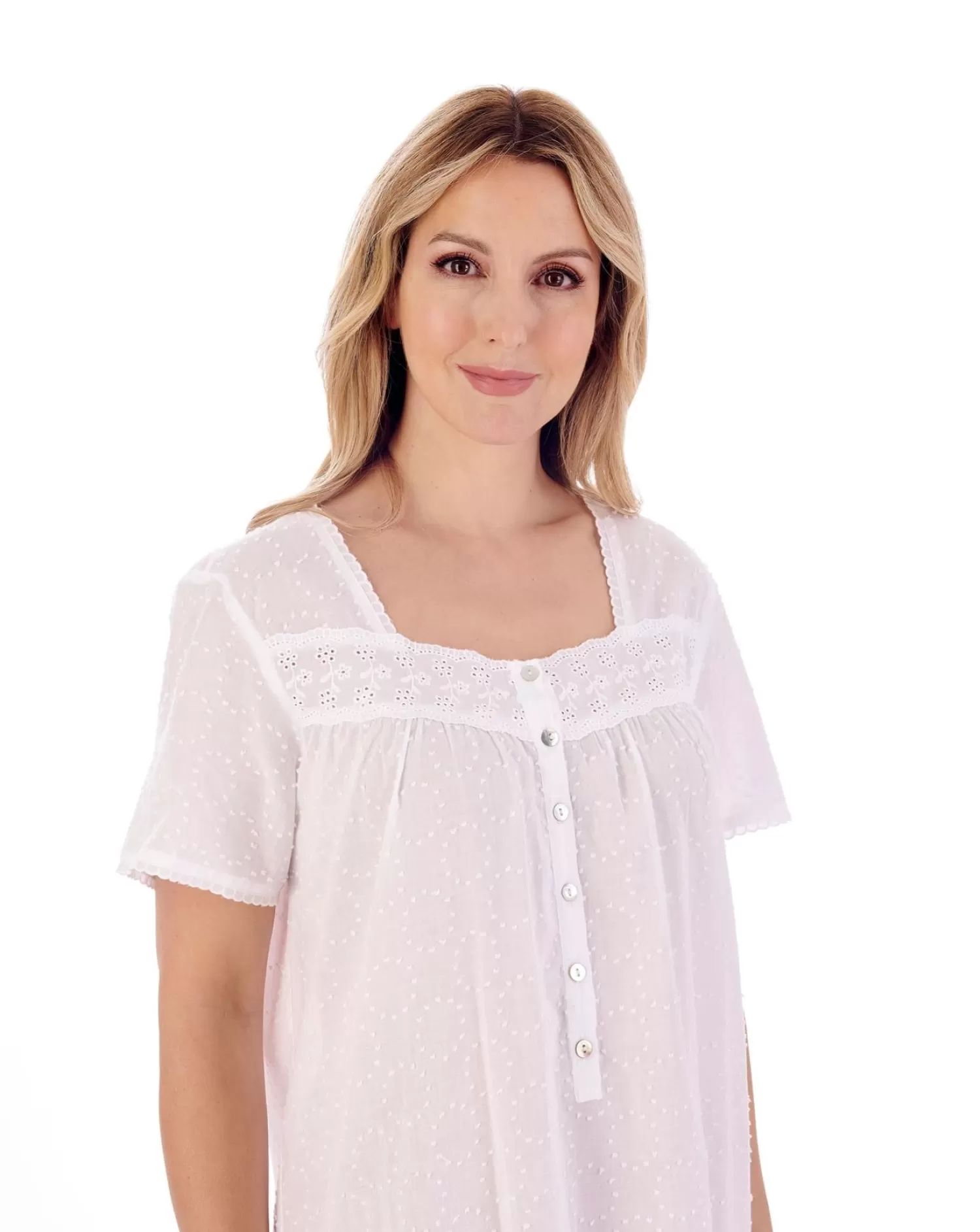 Slenderella Nighties | 42" Dobby Dot Short Sleeve 100% Cotton Nightie - White