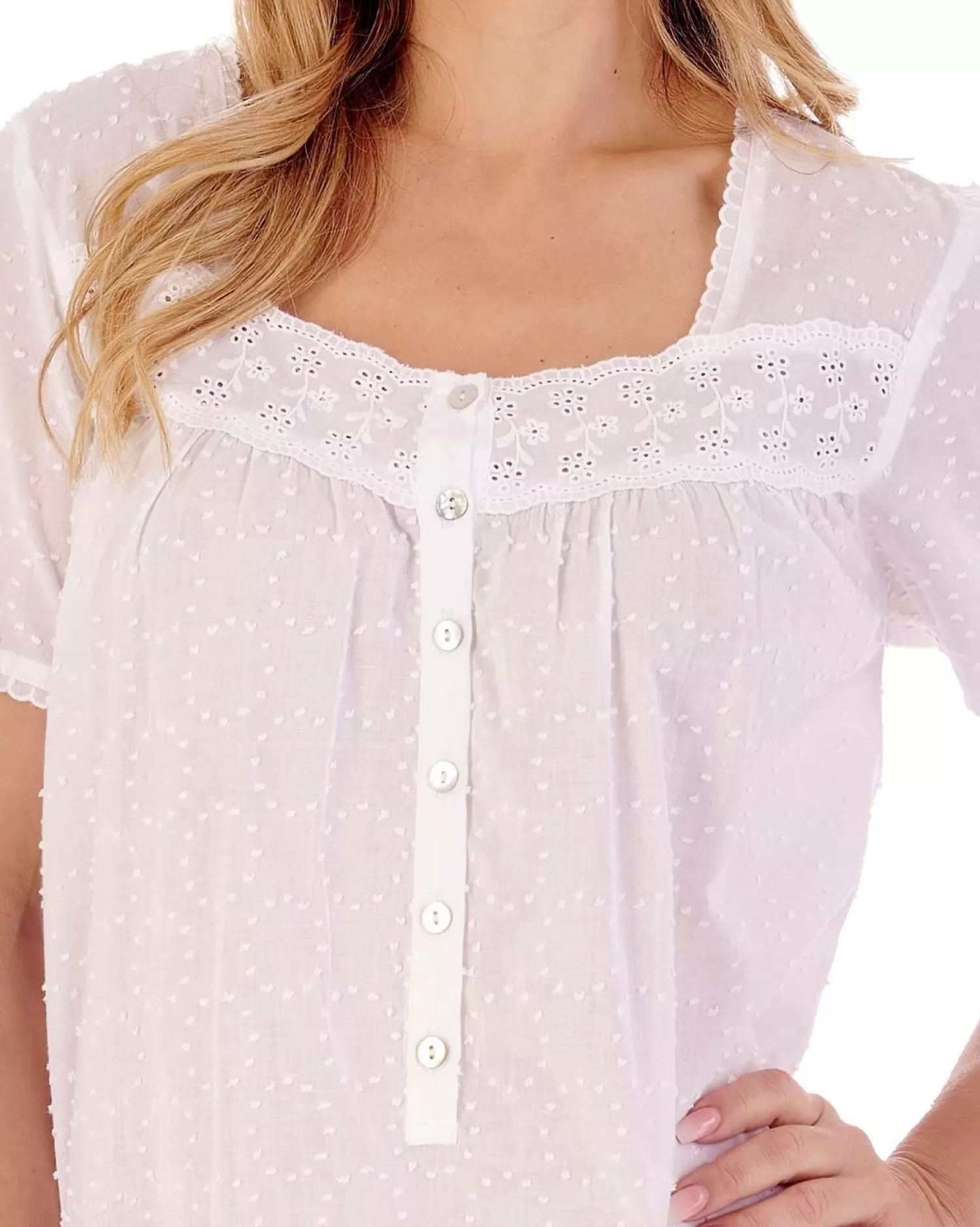 Slenderella Nighties | 42" Dobby Dot Short Sleeve 100% Cotton Nightie - White