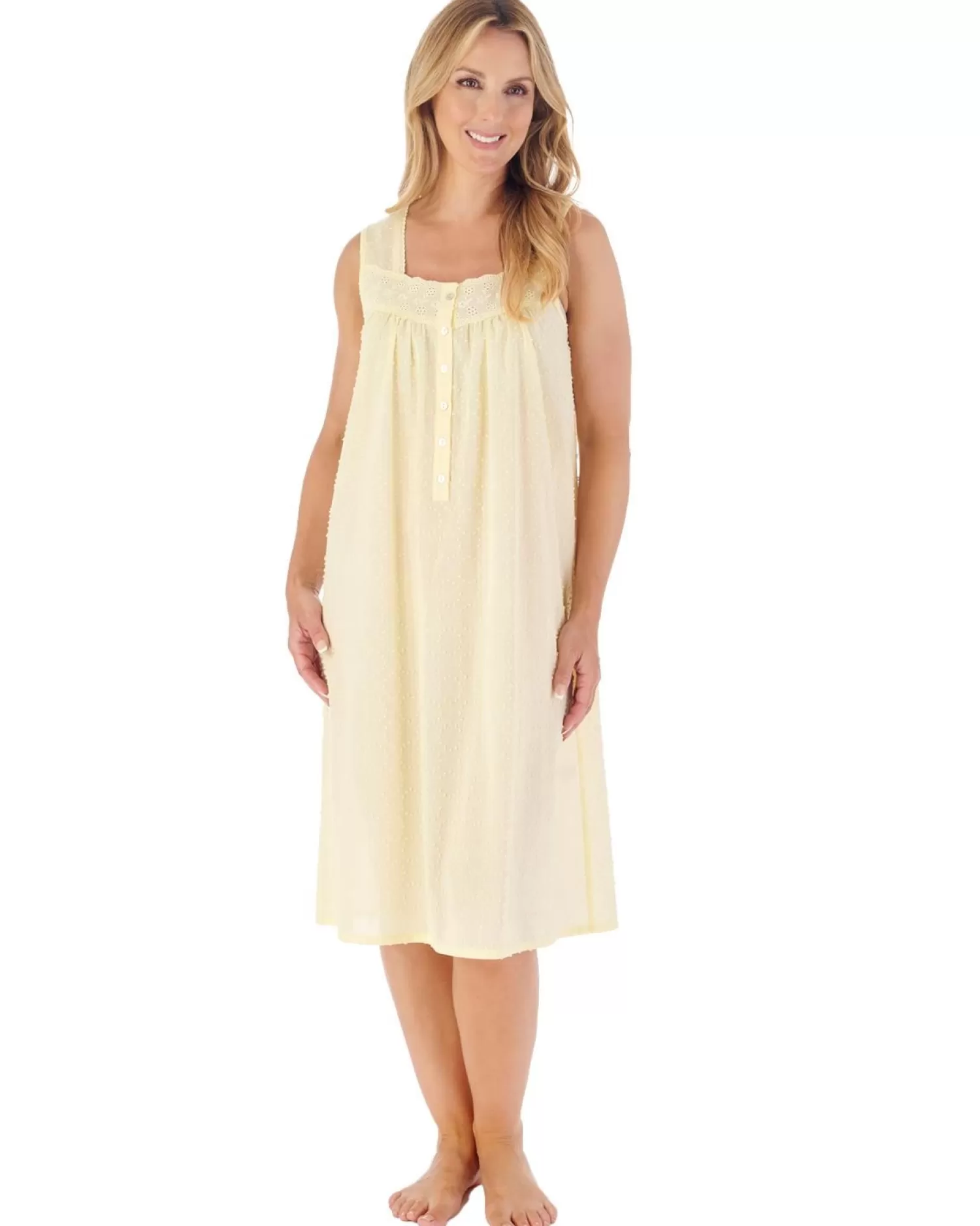 Slenderella Nighties | 42" Dobby Dot Sleeveless 100% Cotton Nightie - Lemon