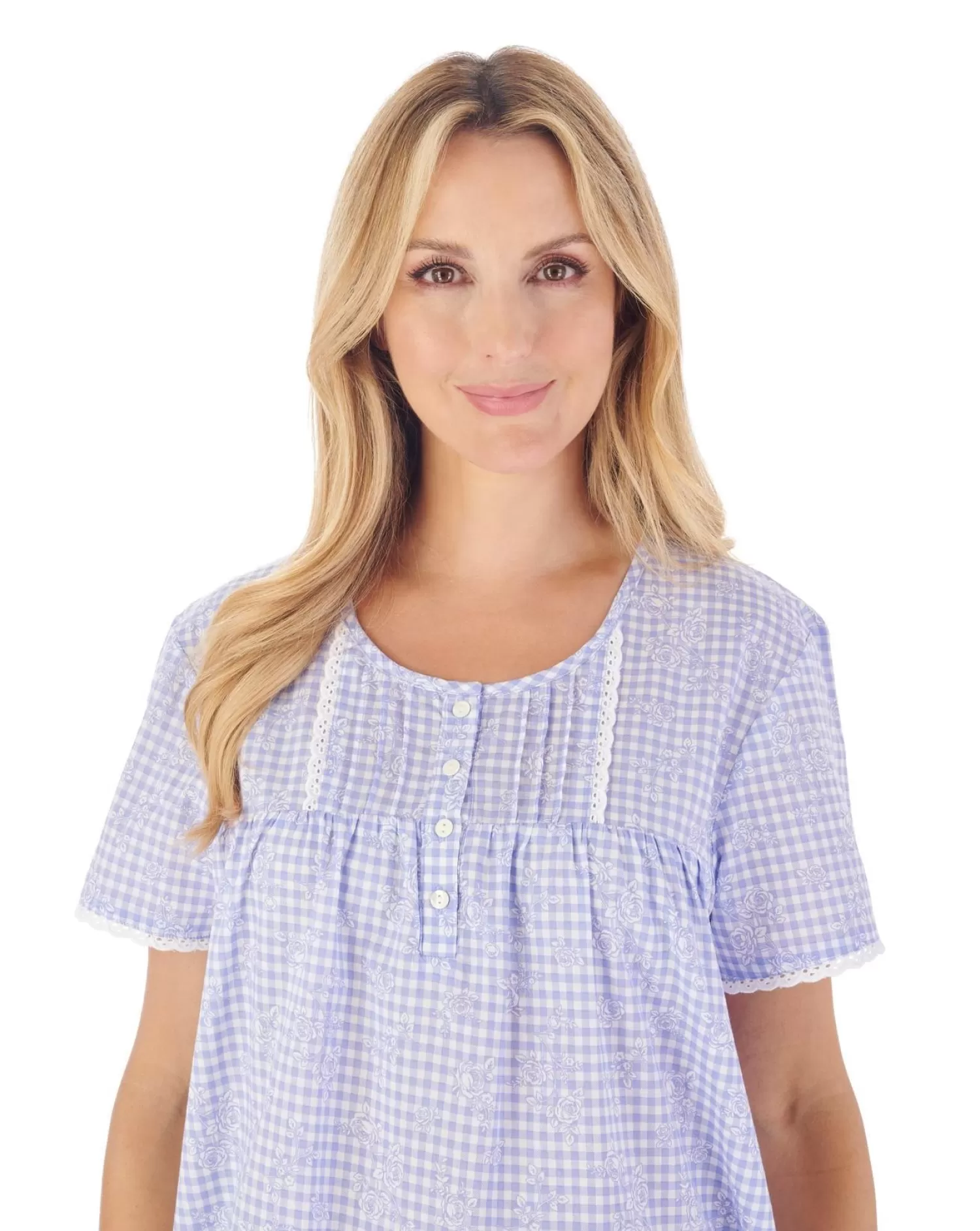 Slenderella Nighties | 42" Floral Gingham Short Sleeve Nightie - Blue