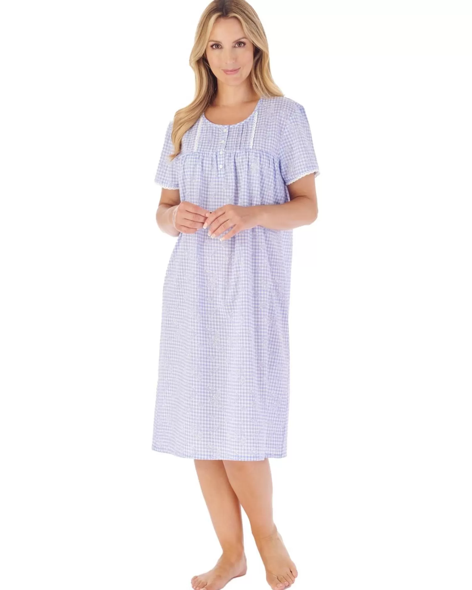 Slenderella Nighties | 42" Floral Gingham Short Sleeve Nightie - Blue