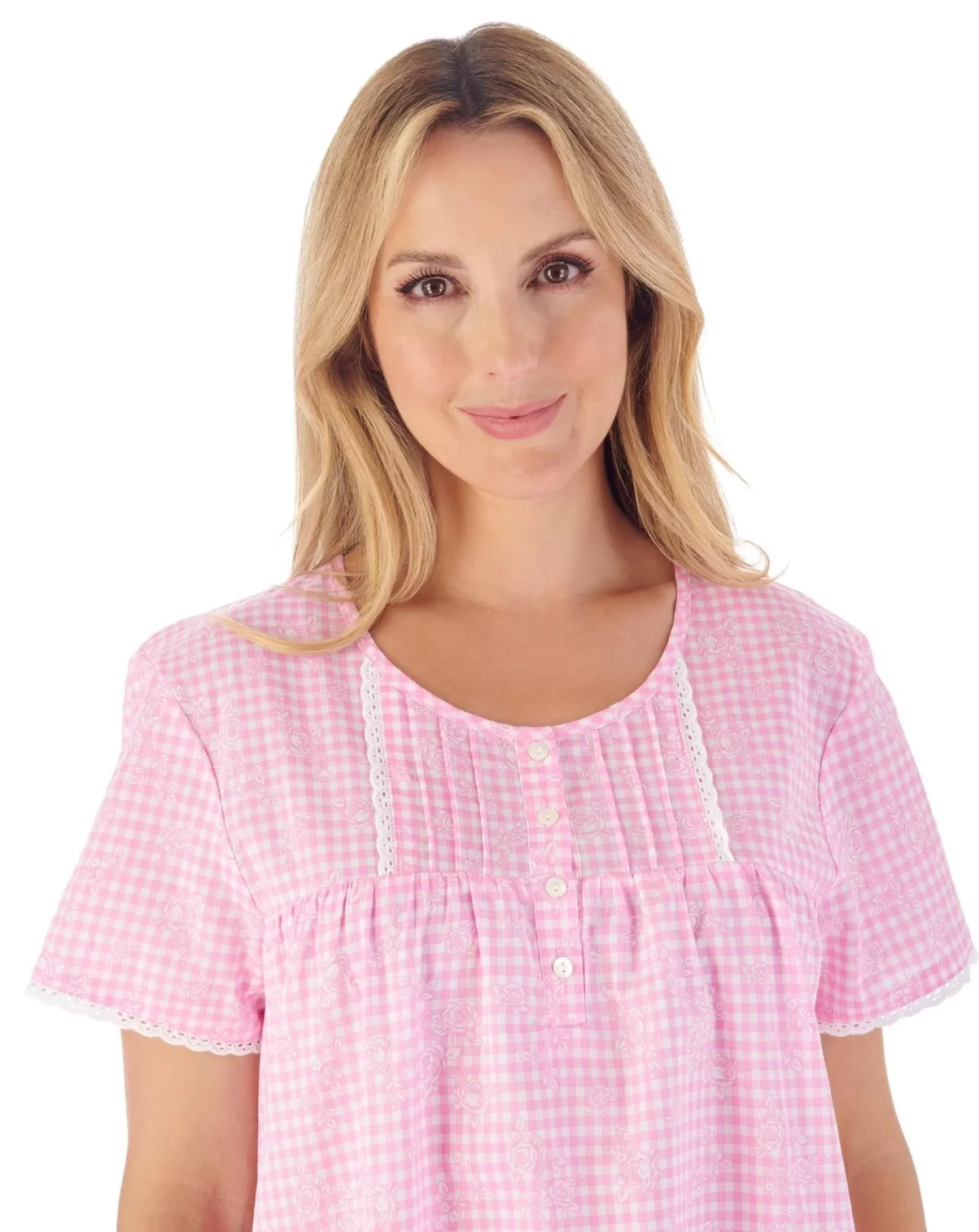 Slenderella Nighties | 42" Floral Gingham Short Sleeve Nightie - Pink
