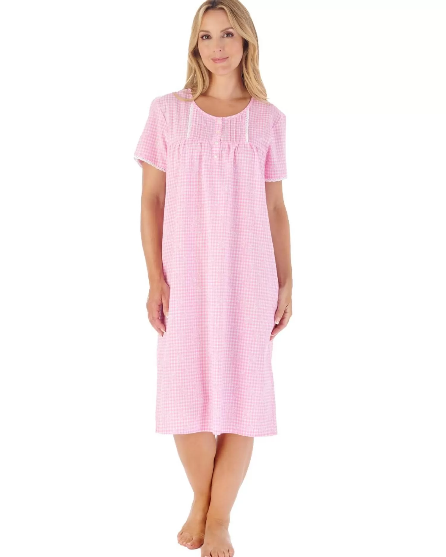 Slenderella Nighties | 42" Floral Gingham Short Sleeve Nightie - Pink